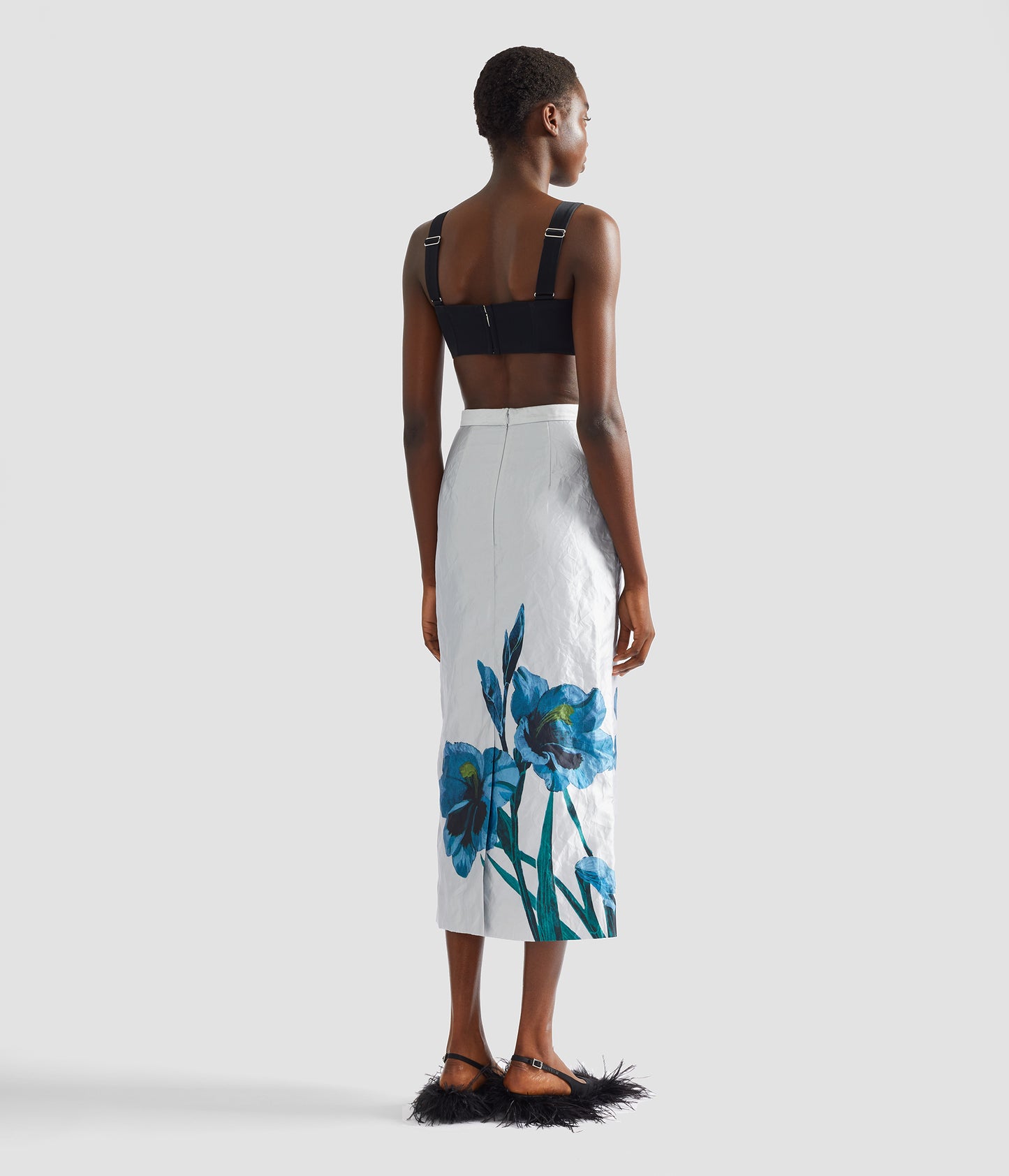 Floral Textured Satin Midi Pencil Skirt