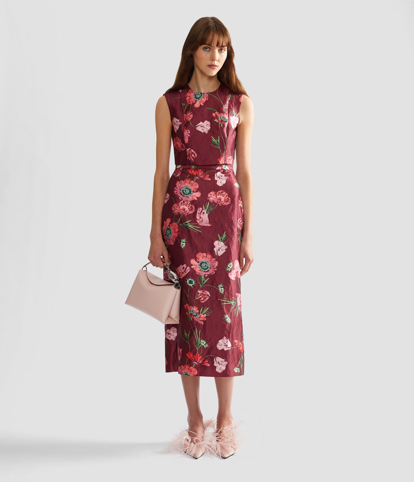 Floral Textured Satin Midi Pencil Skirt