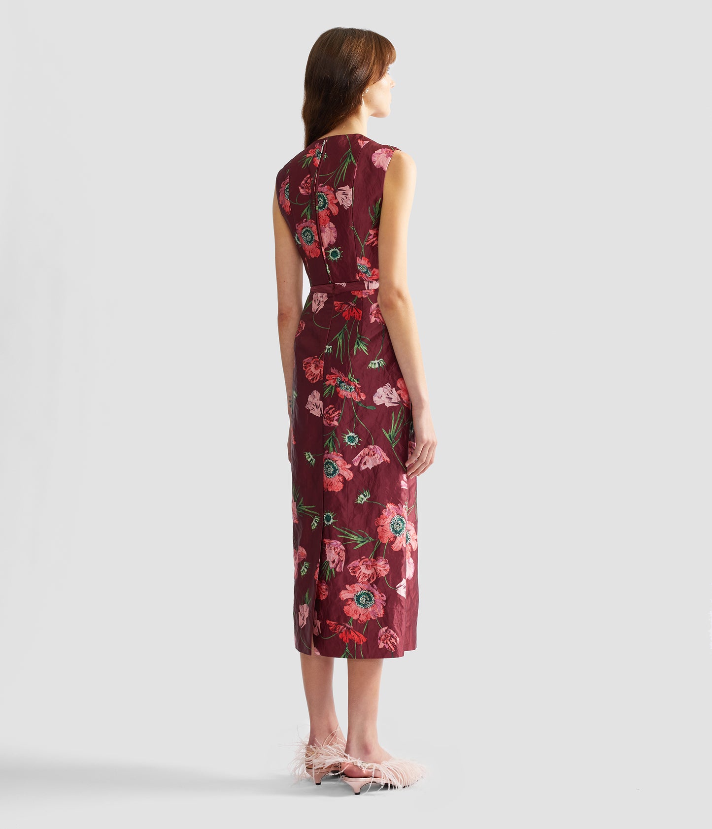 Floral Textured Satin Midi Pencil Skirt