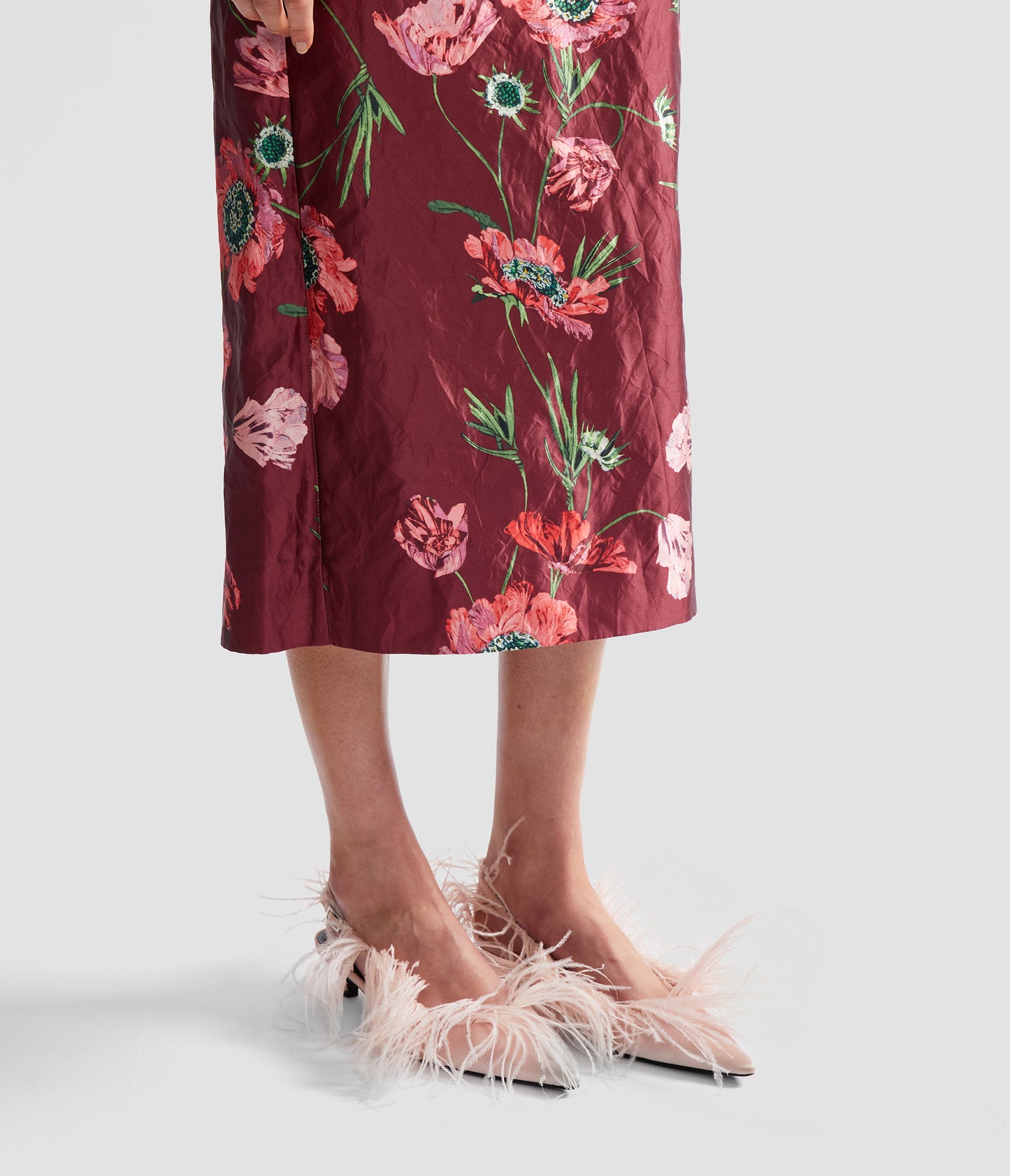 Floral Textured Satin Midi Pencil Skirt