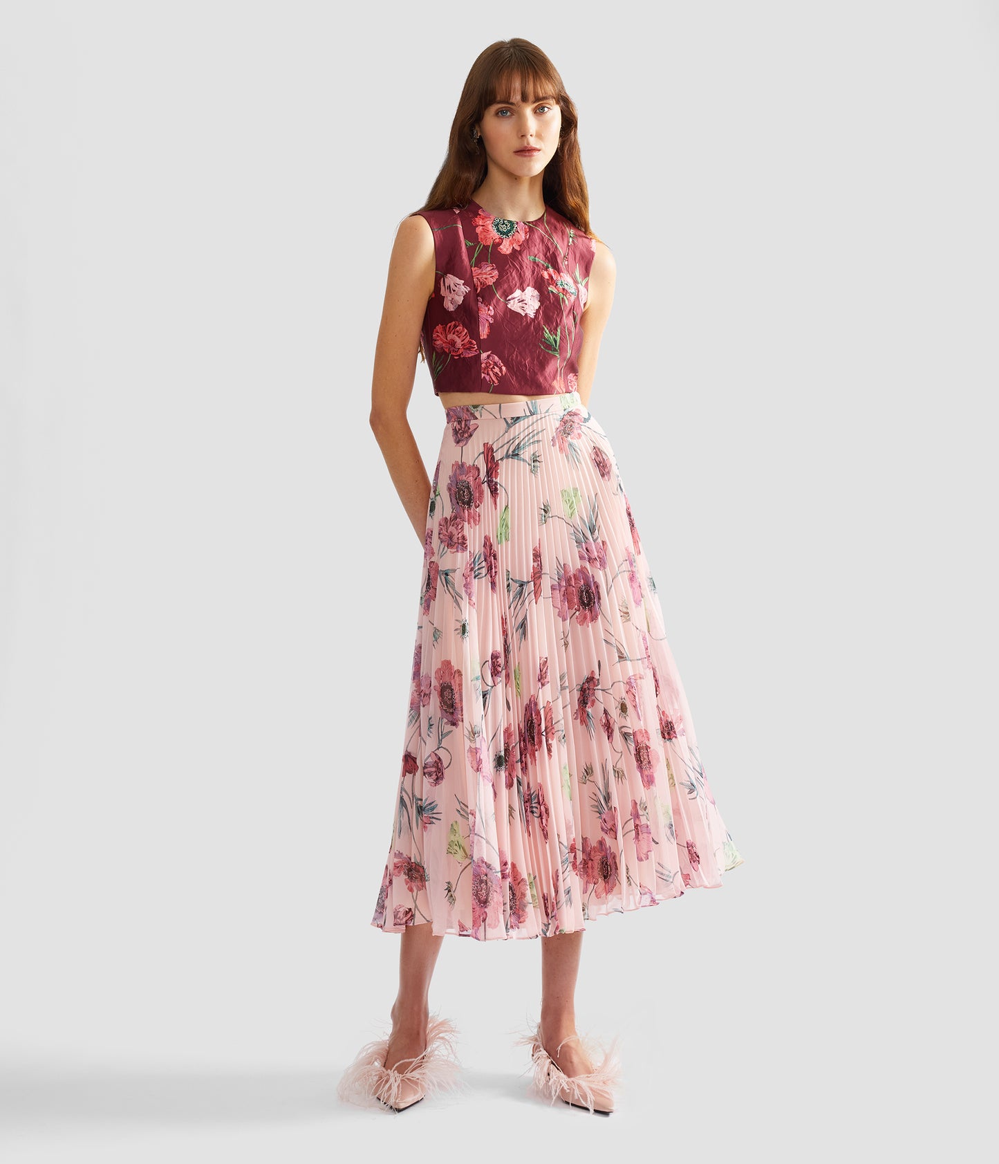 Floral Pleatable Voile Midi Skirt