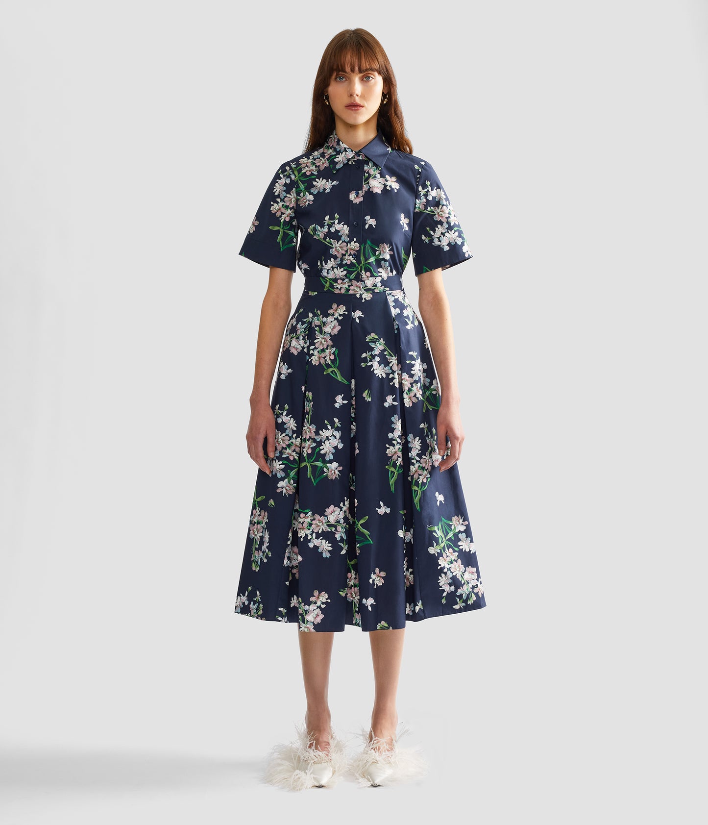 Floral Cotton Midi Pleated Skirt