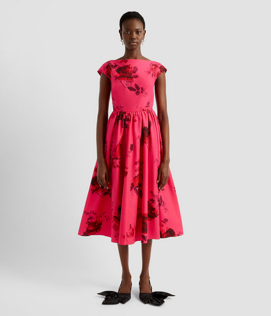 Women's Cotton Pink Ikat Printed A-Line Midi Dress