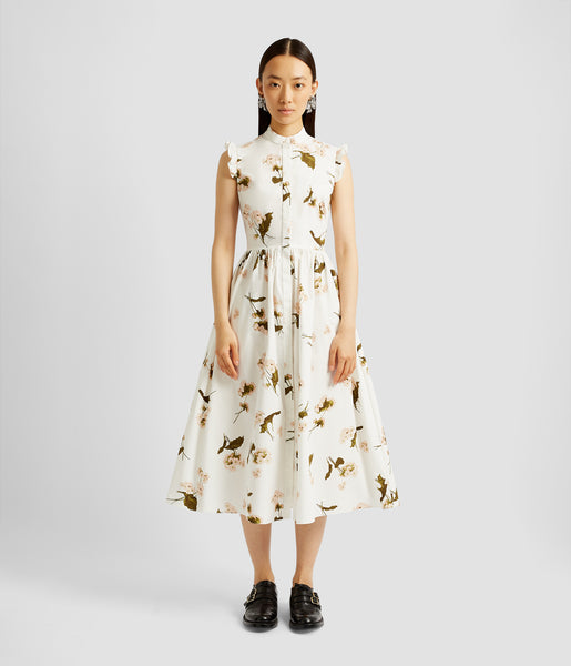 【BAU】VERONICA Peaked collar capsleeve flared midi tweed Ohemia Metallic Tweed Skirt in Blue & Ivory | Veronica Beard