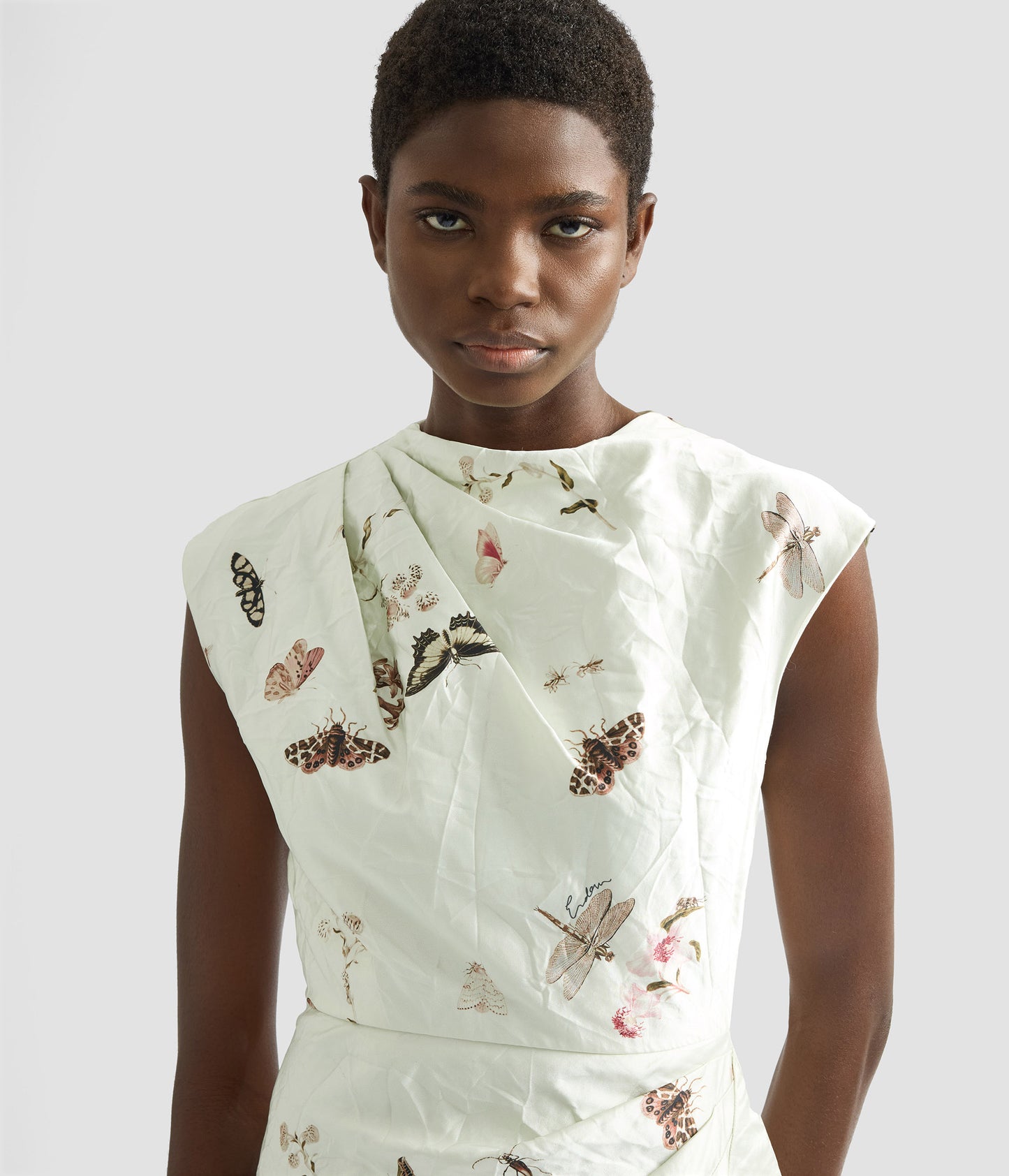 Draped Printed Textured Satin Midi Dress