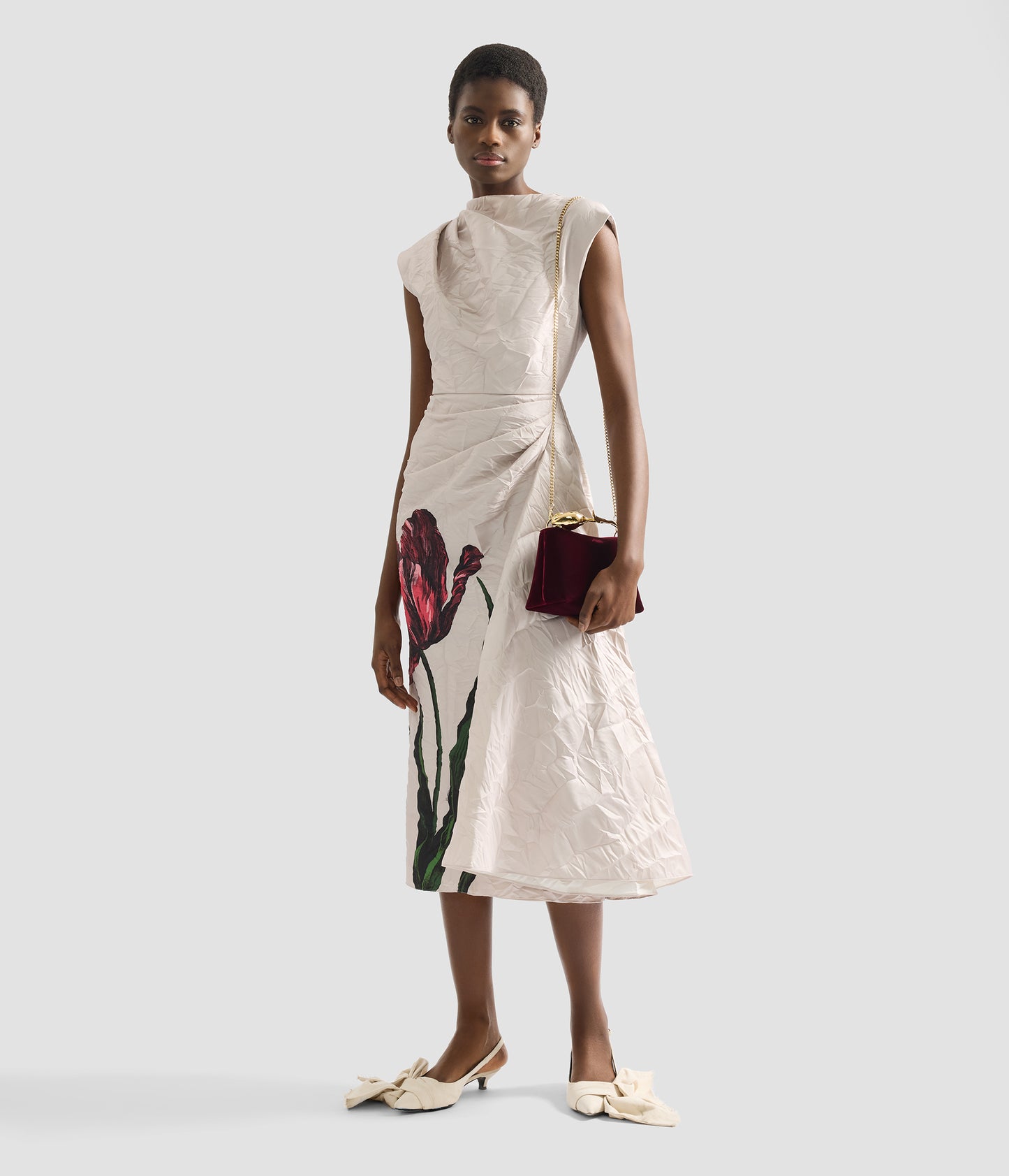 Floral Print Textured Satin Draped Midi Dress