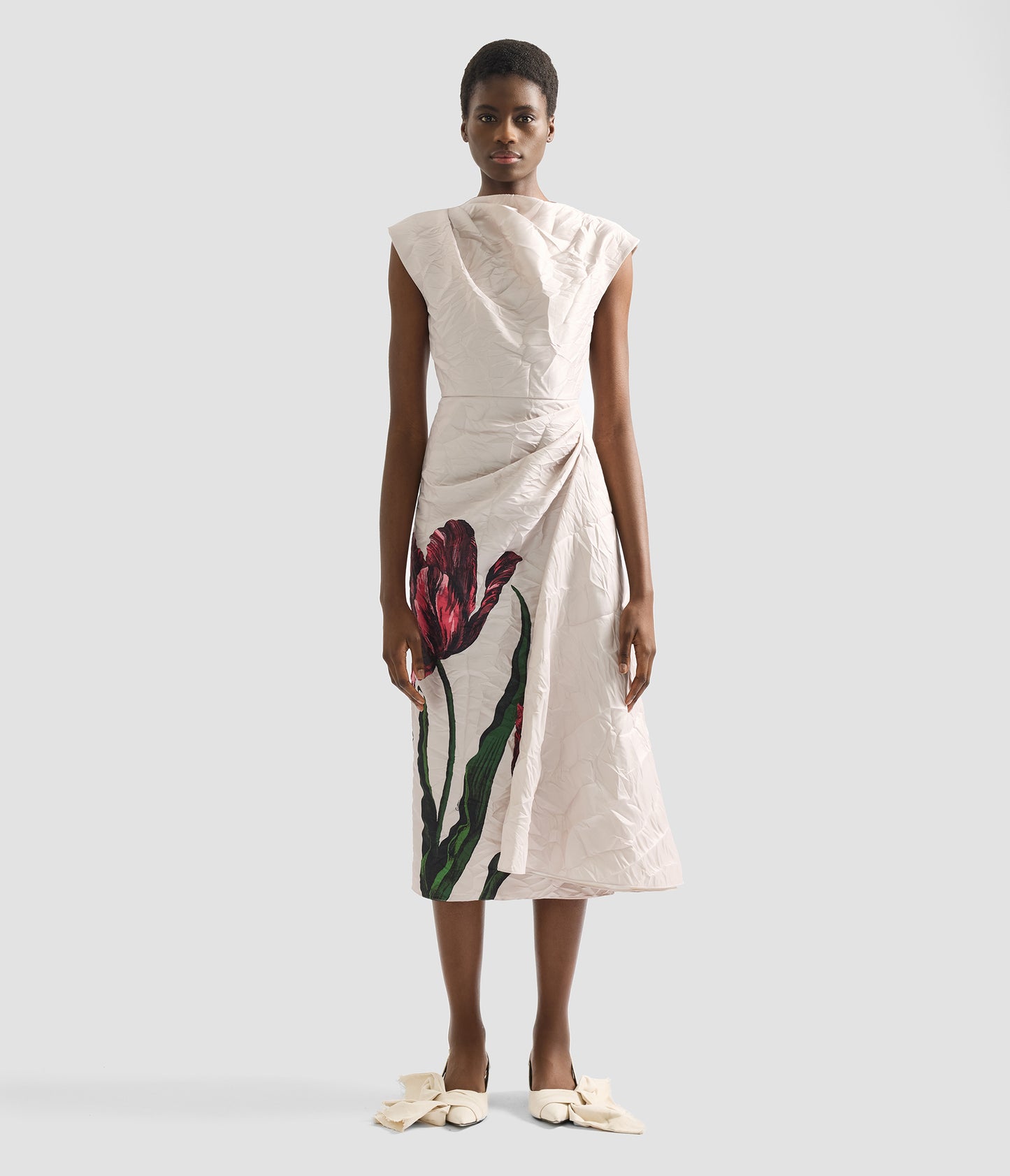 Floral Print Textured Satin Draped Midi Dress