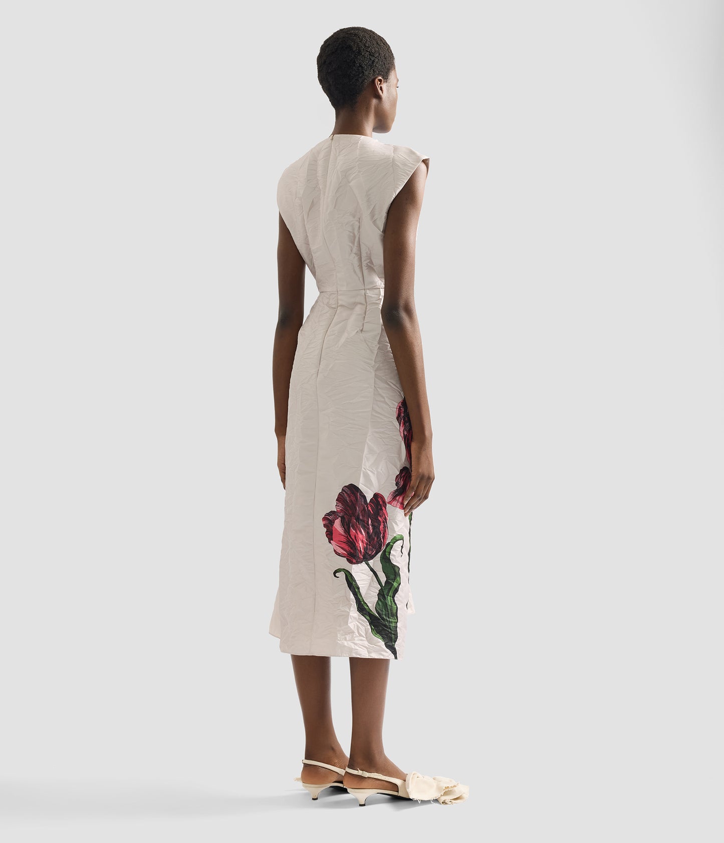 Floral Print Textured Satin Draped Midi Dress