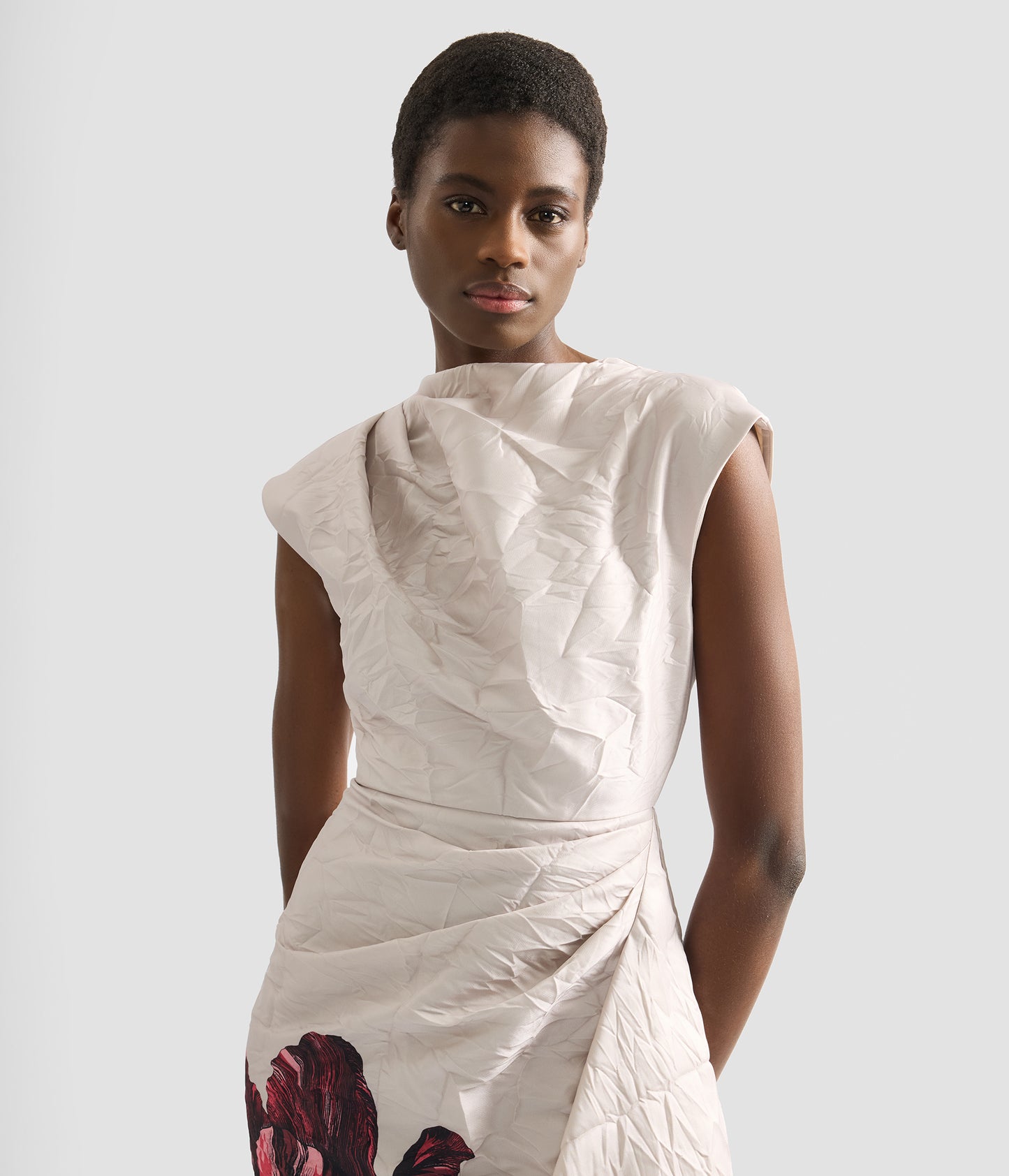 Floral Print Textured Satin Draped Midi Dress