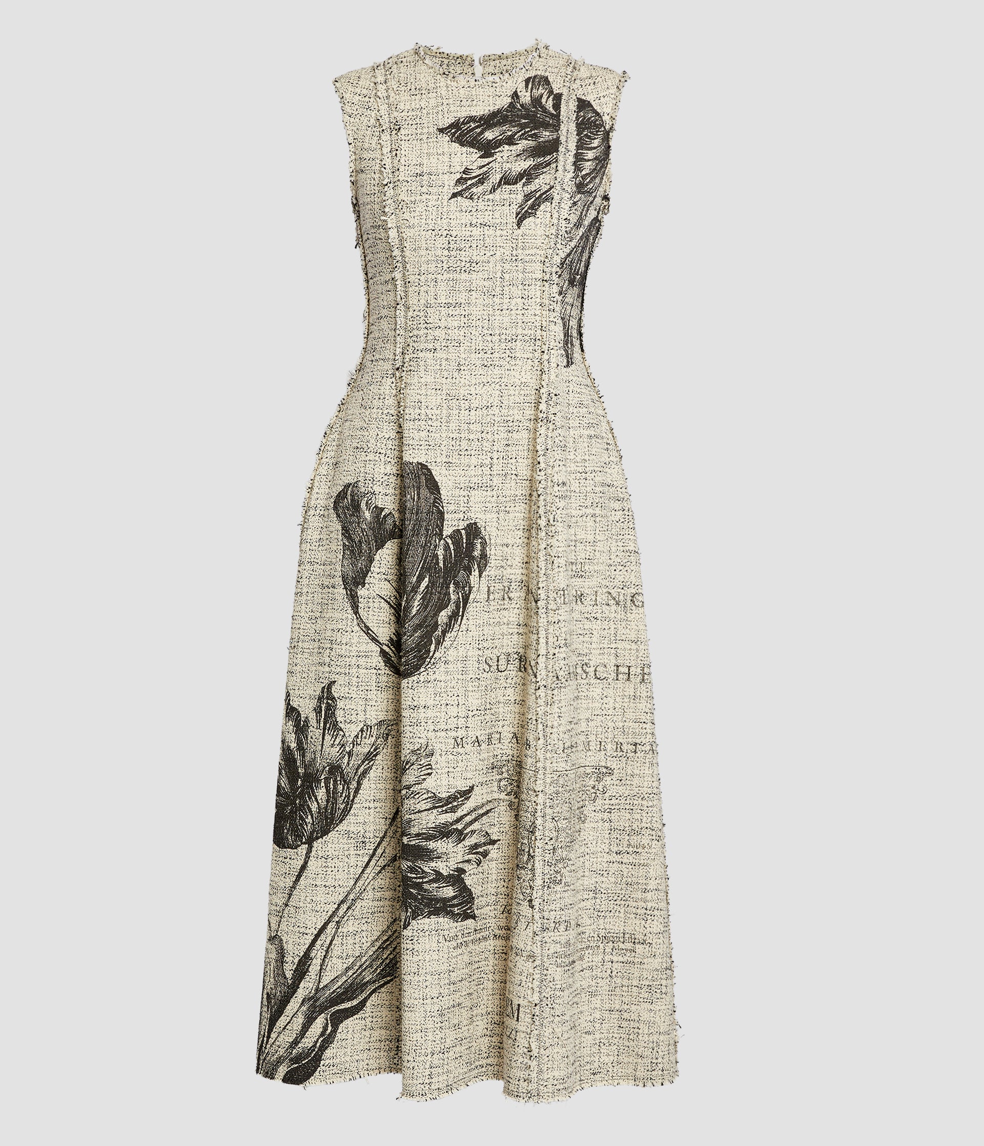Floral Print Mouline Tweed Sleeveless Midi Dress