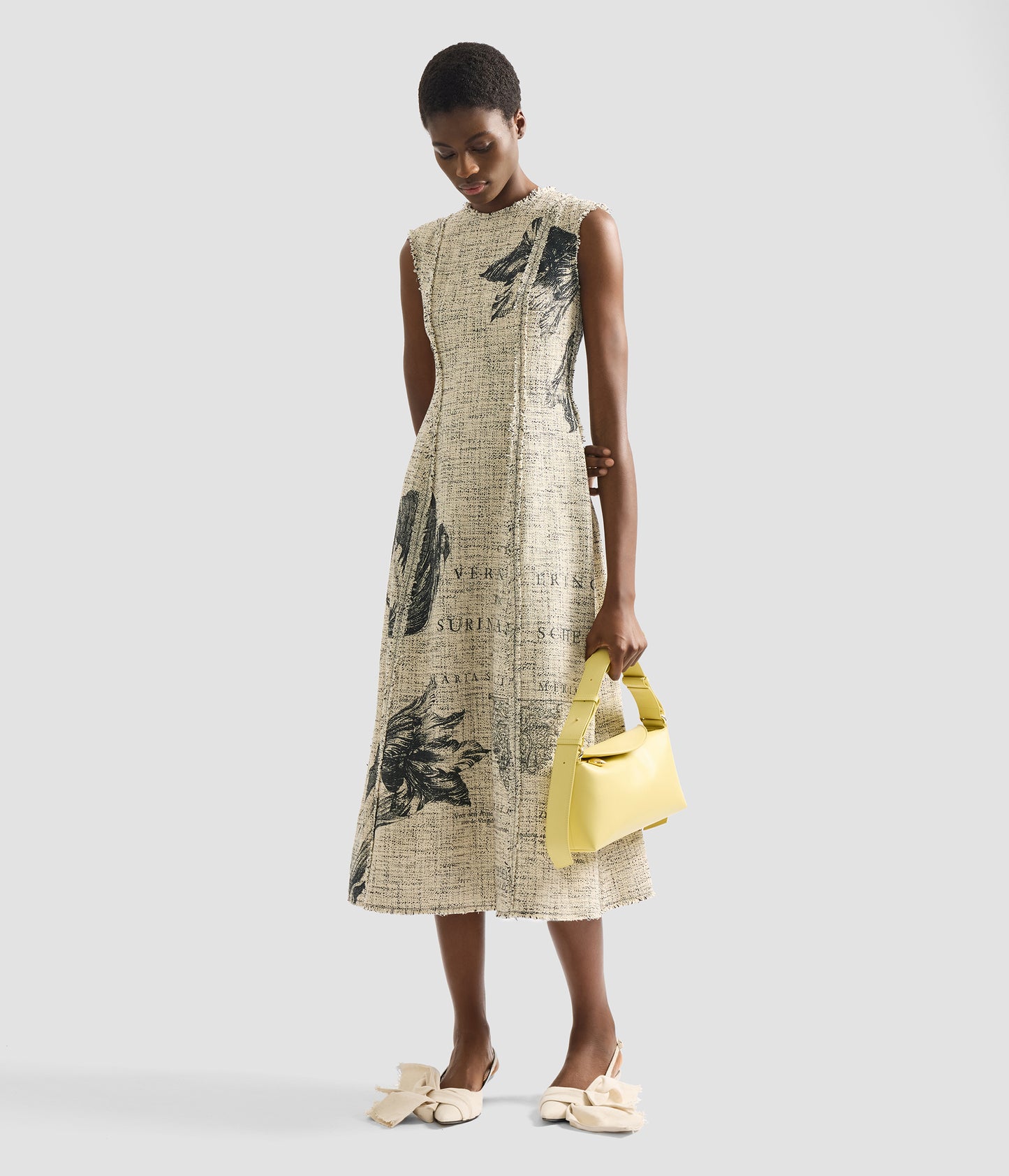 Floral Print Mouline Tweed Sleeveless Midi Dress