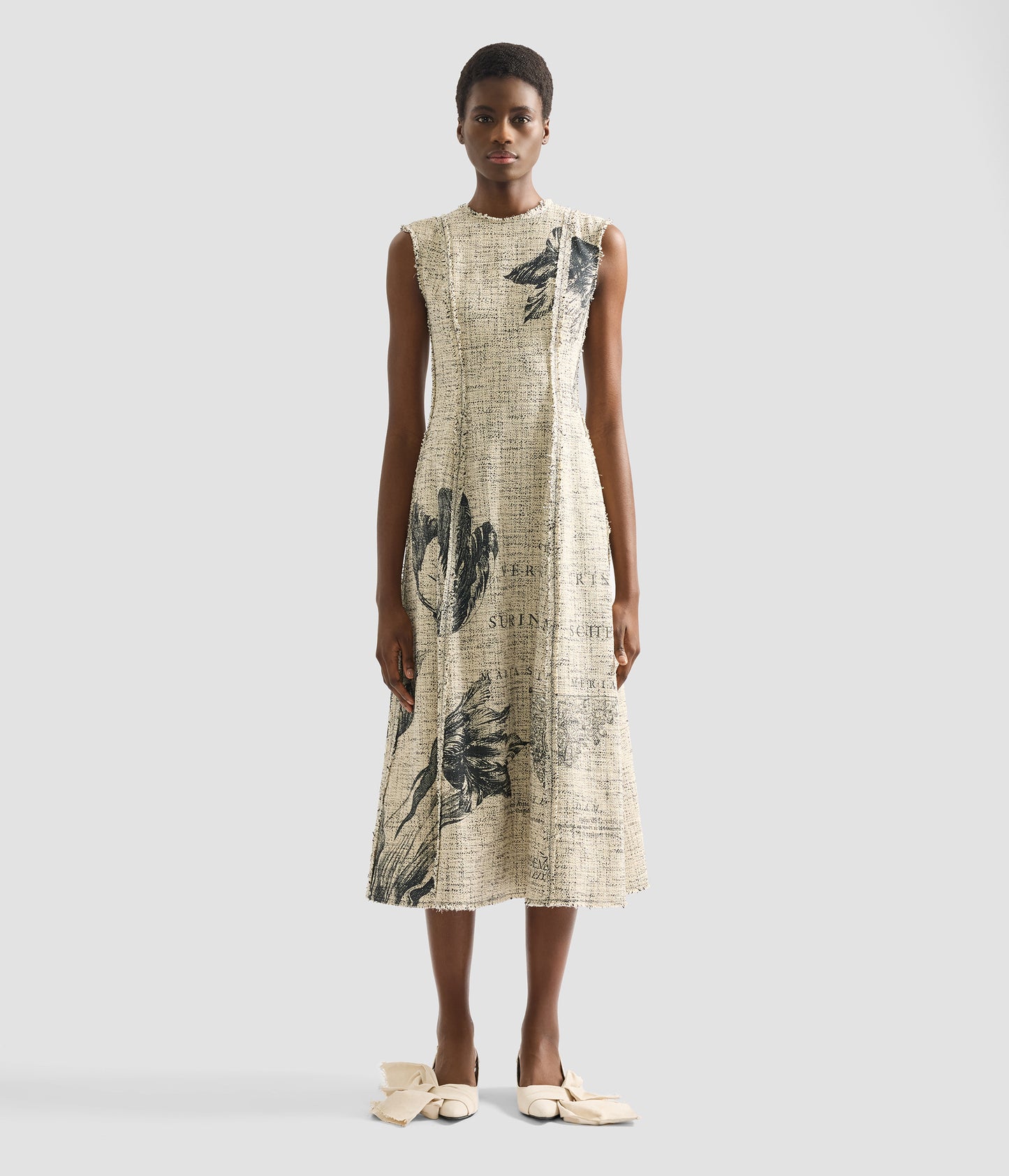 Floral Print Mouline Tweed Sleeveless Midi Dress