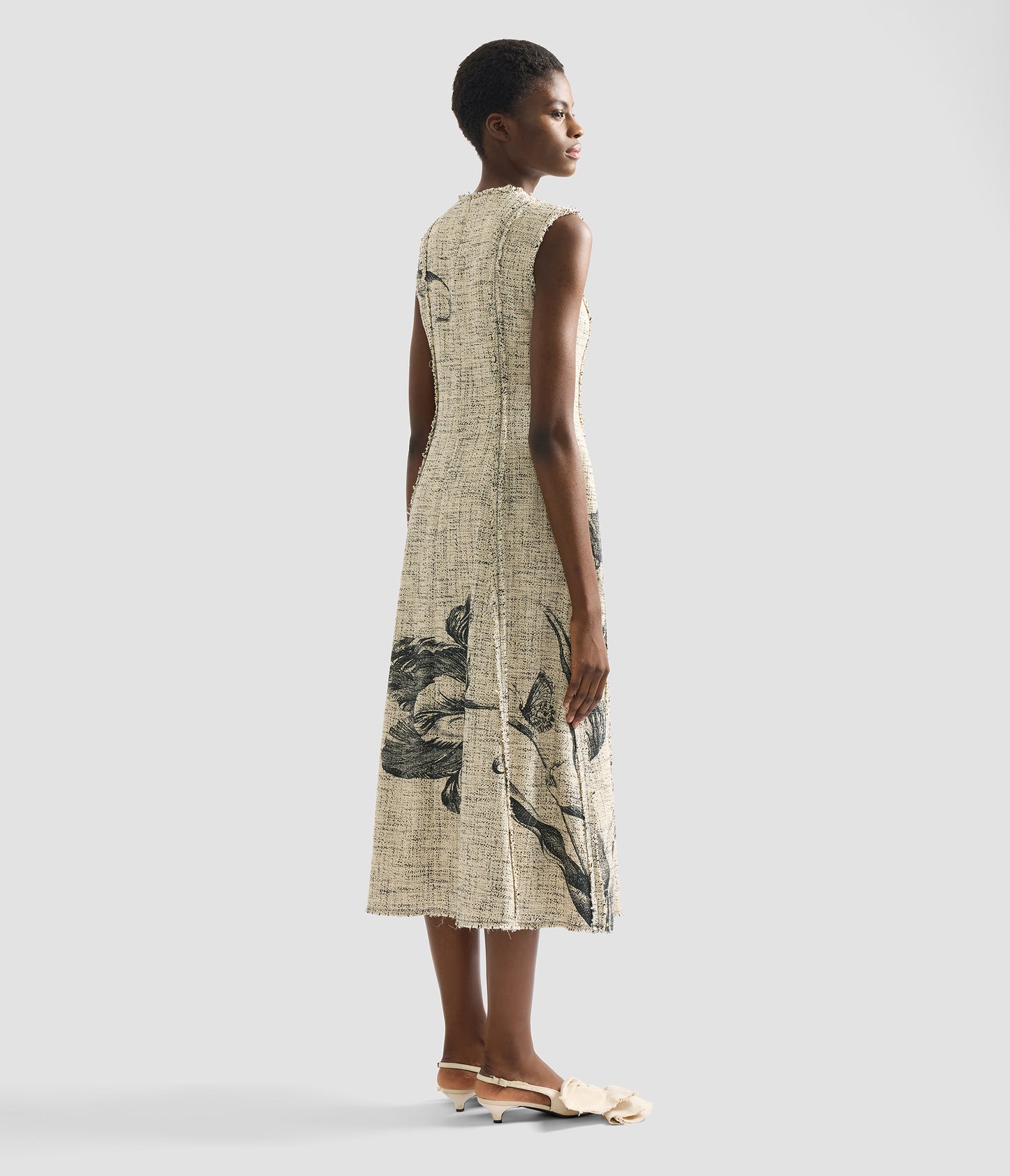 Floral Print Mouline Tweed Sleeveless Midi Dress