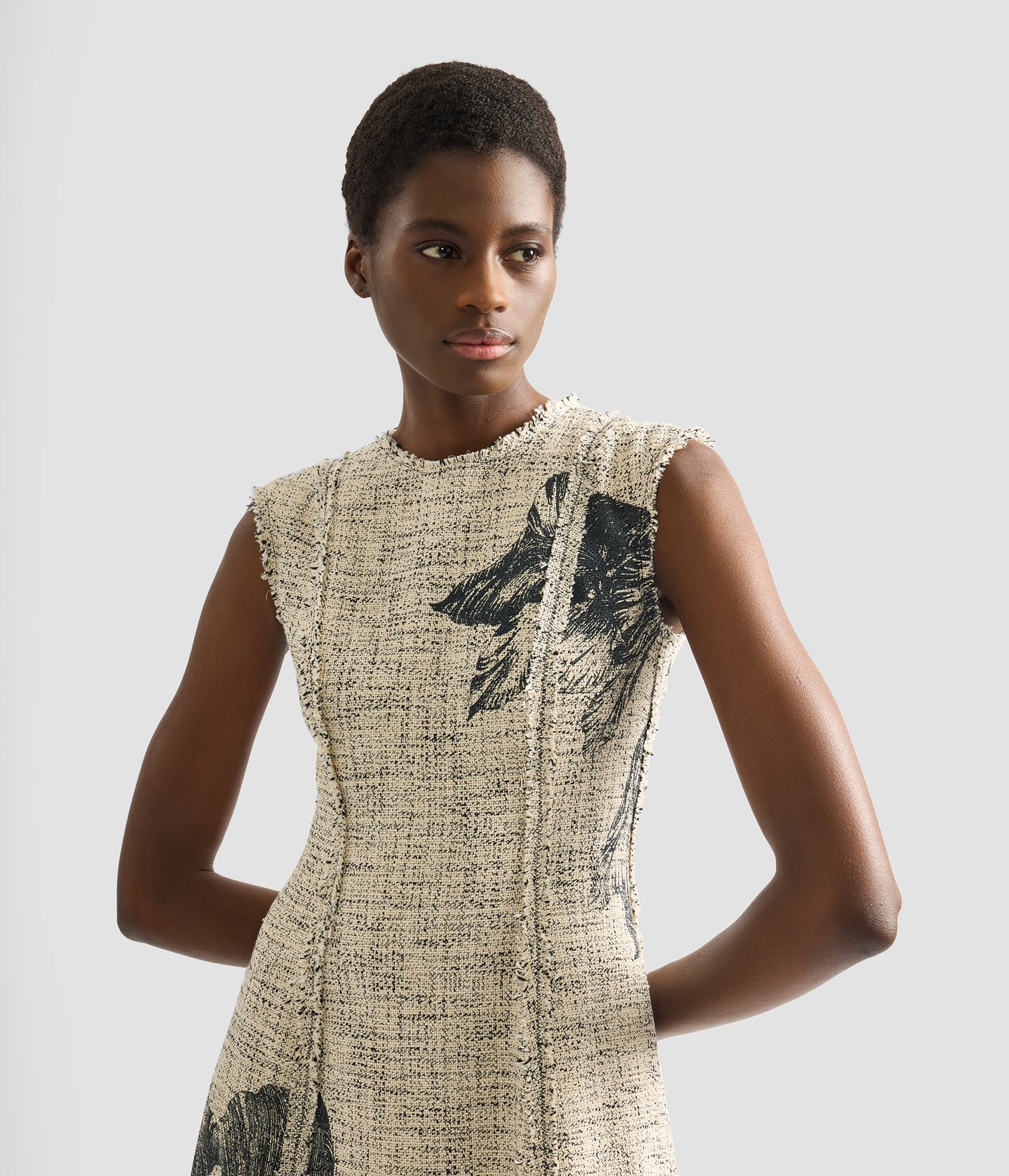 Floral Print Mouline Tweed Sleeveless Midi Dress