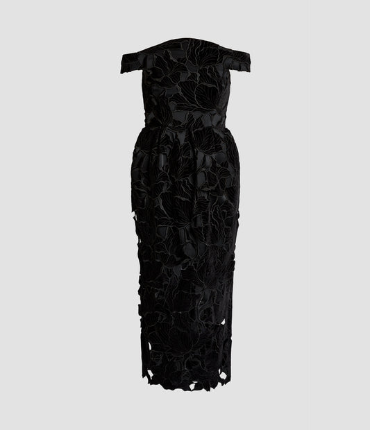 Floral Cutwork Off-The-Shoulder Midi Dress