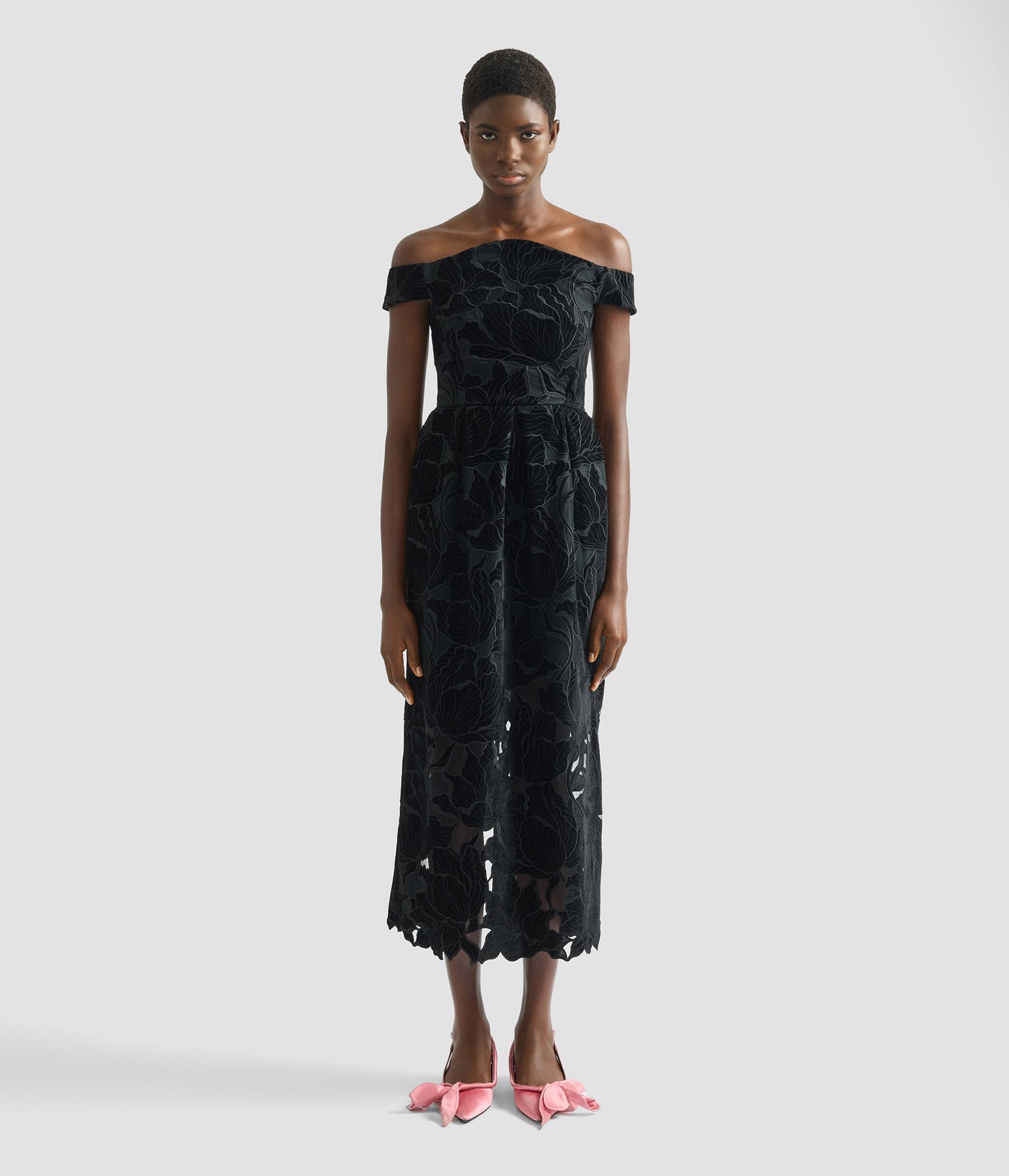 Floral Cutwork Off-The-Shoulder Midi Dress