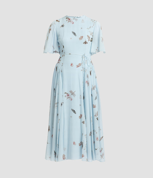 dusty blue floral pleated midi dress ERDEM