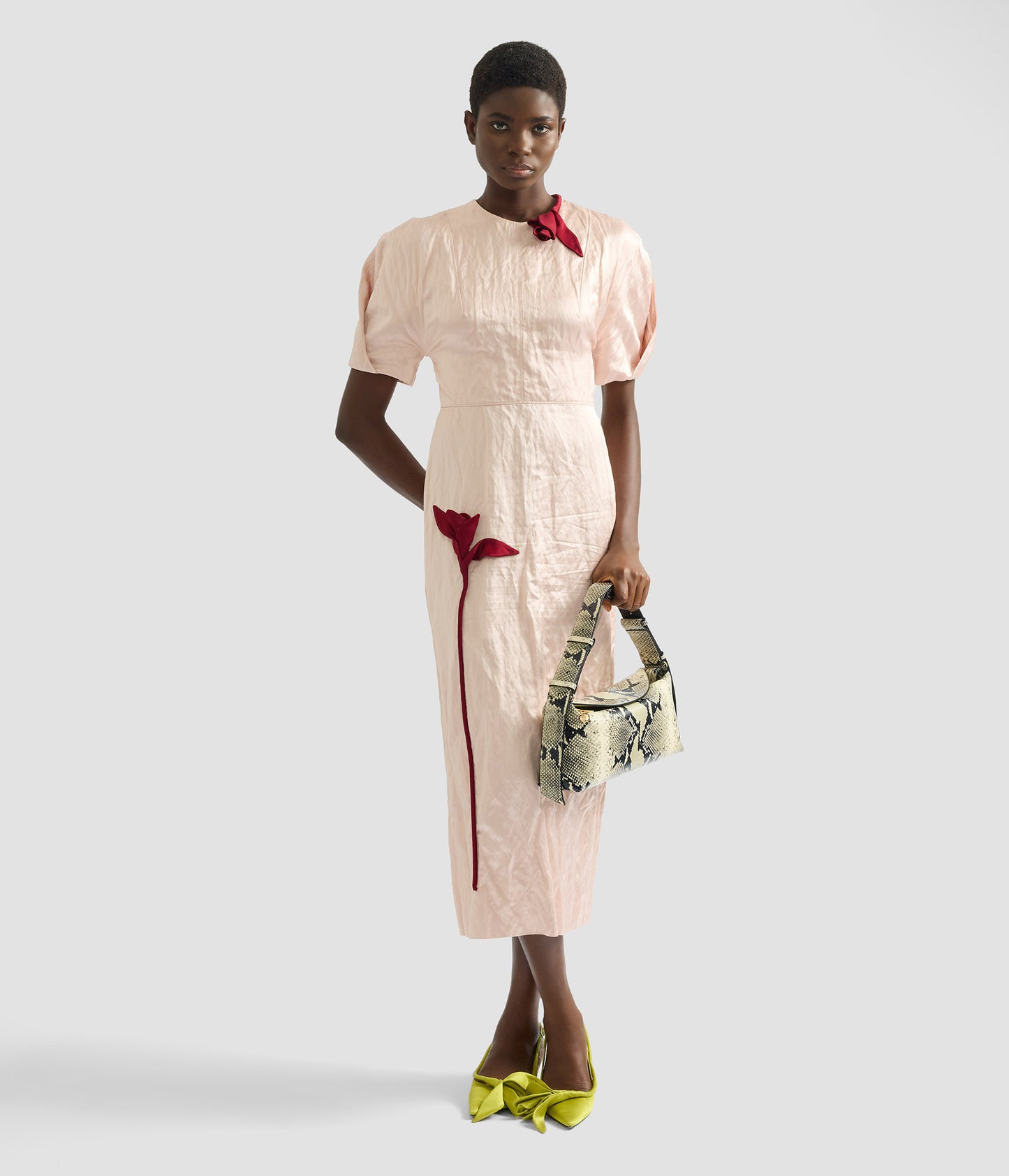 Embroidered Textured Satin Midi Dress