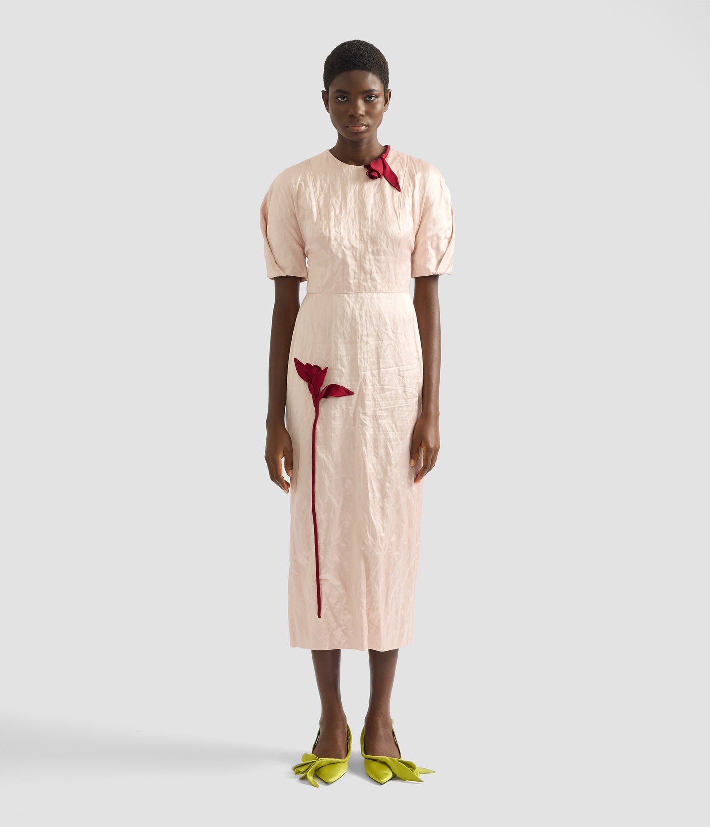 Embroidered Textured Satin Midi Dress