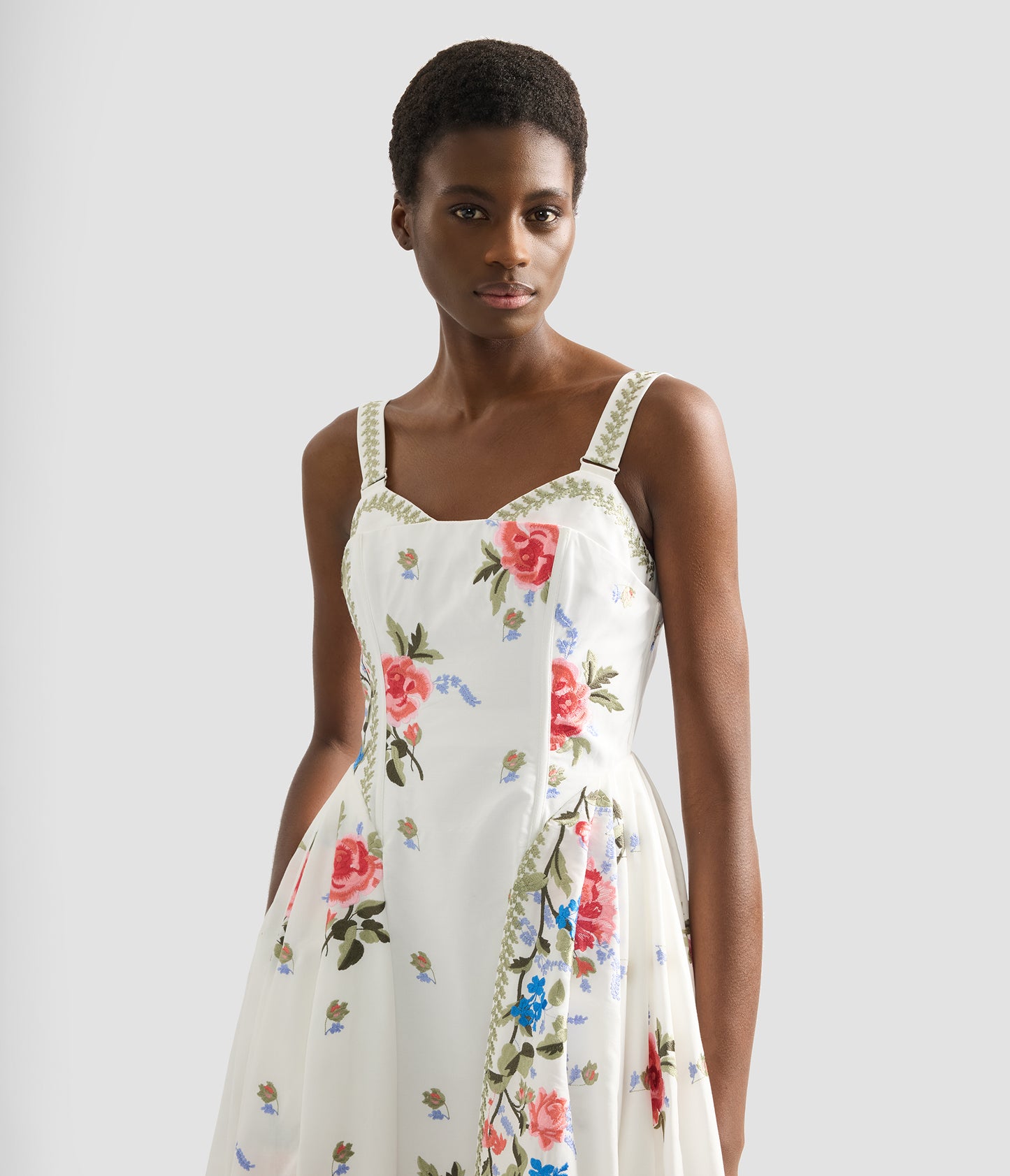 Embroidered Cotton Faille Sleeveless Midi Dress