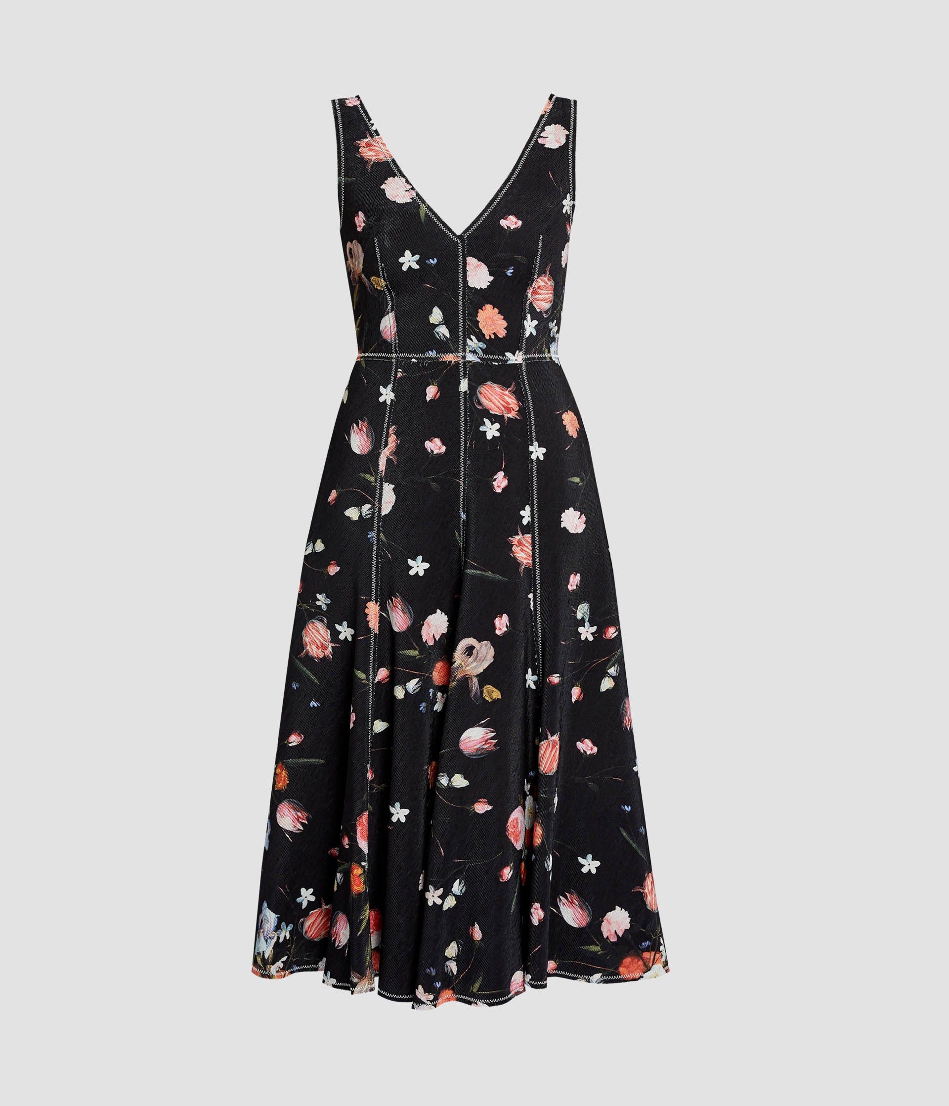 Floral Print Textured Twill Sleeveless Midi Dress