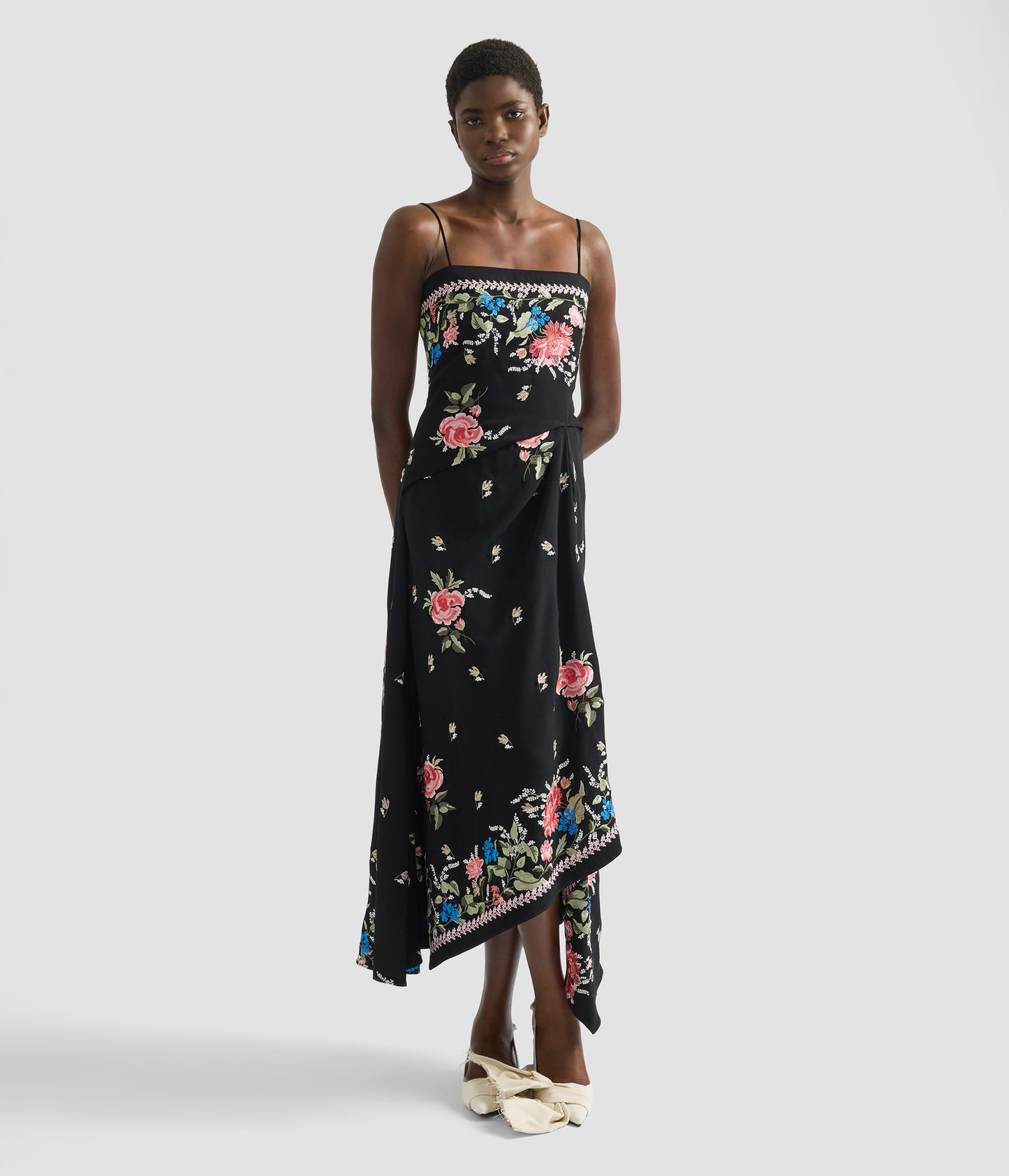 Embroidered Grain De Poudre Sleeveless Midi Dress