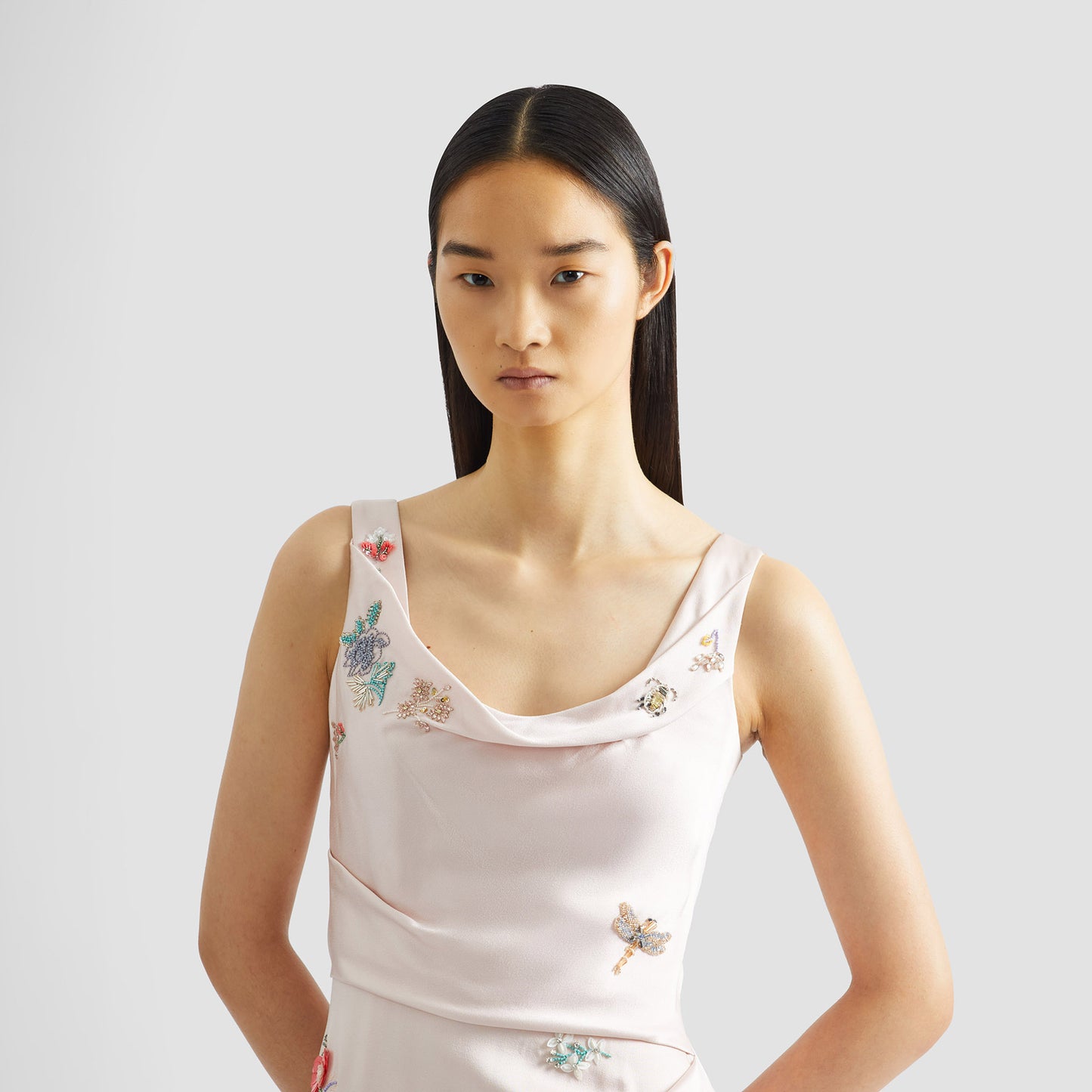 Embellished Satin Cady Sleeveless Midi Dress