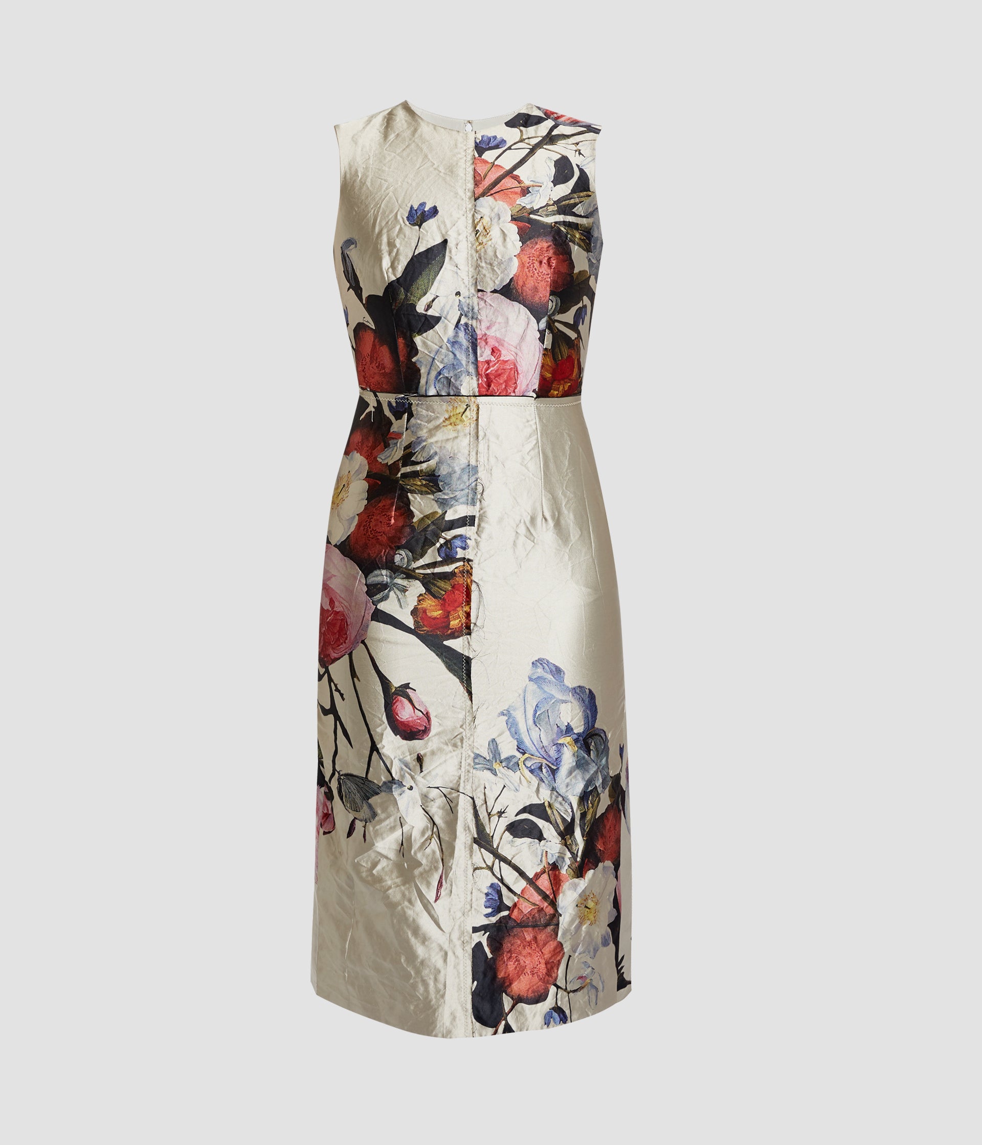 Floral Print Textured Satin Sleeveless Midi Dress