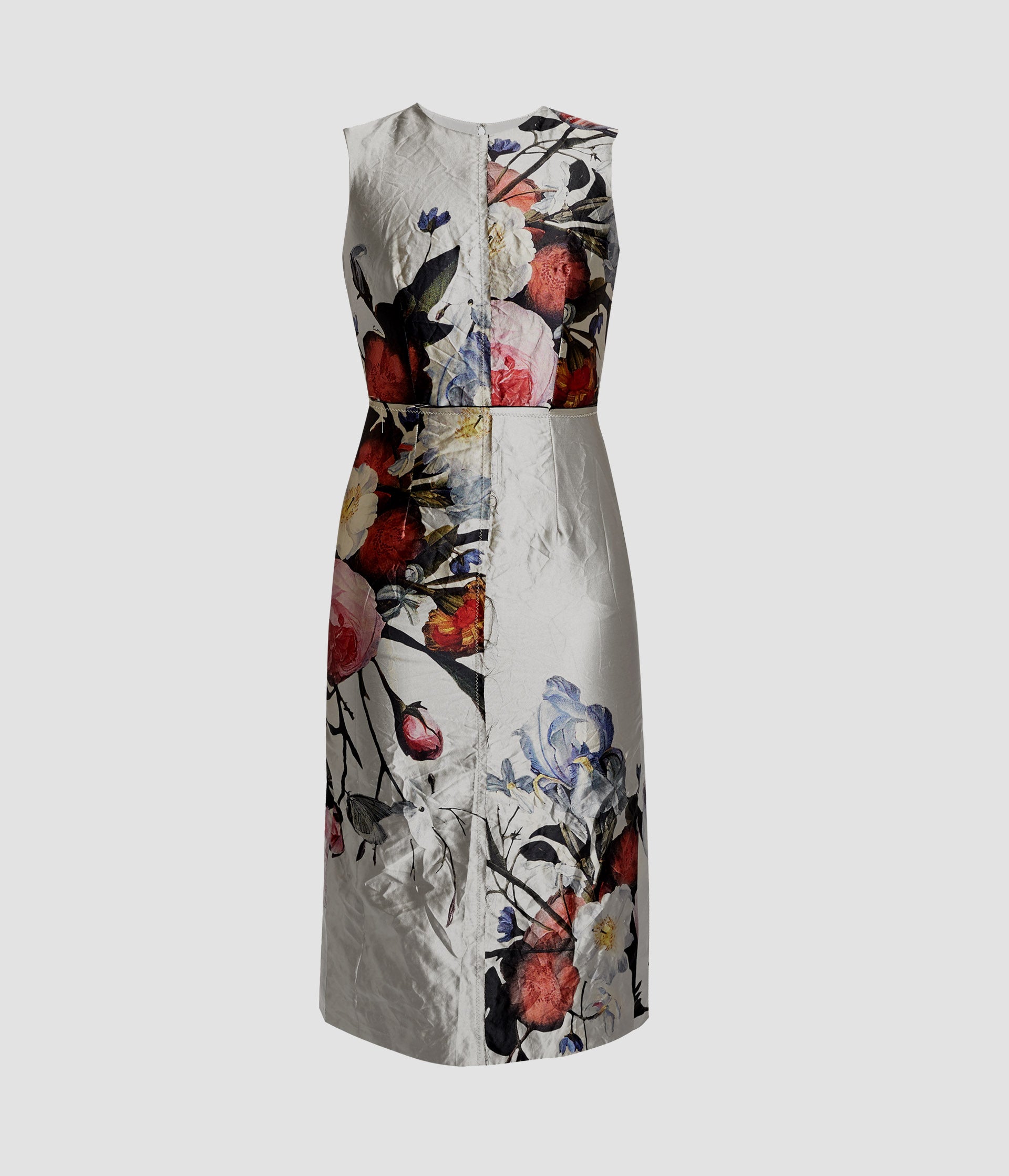 Floral Print Textured Satin Sleeveless Midi Dress