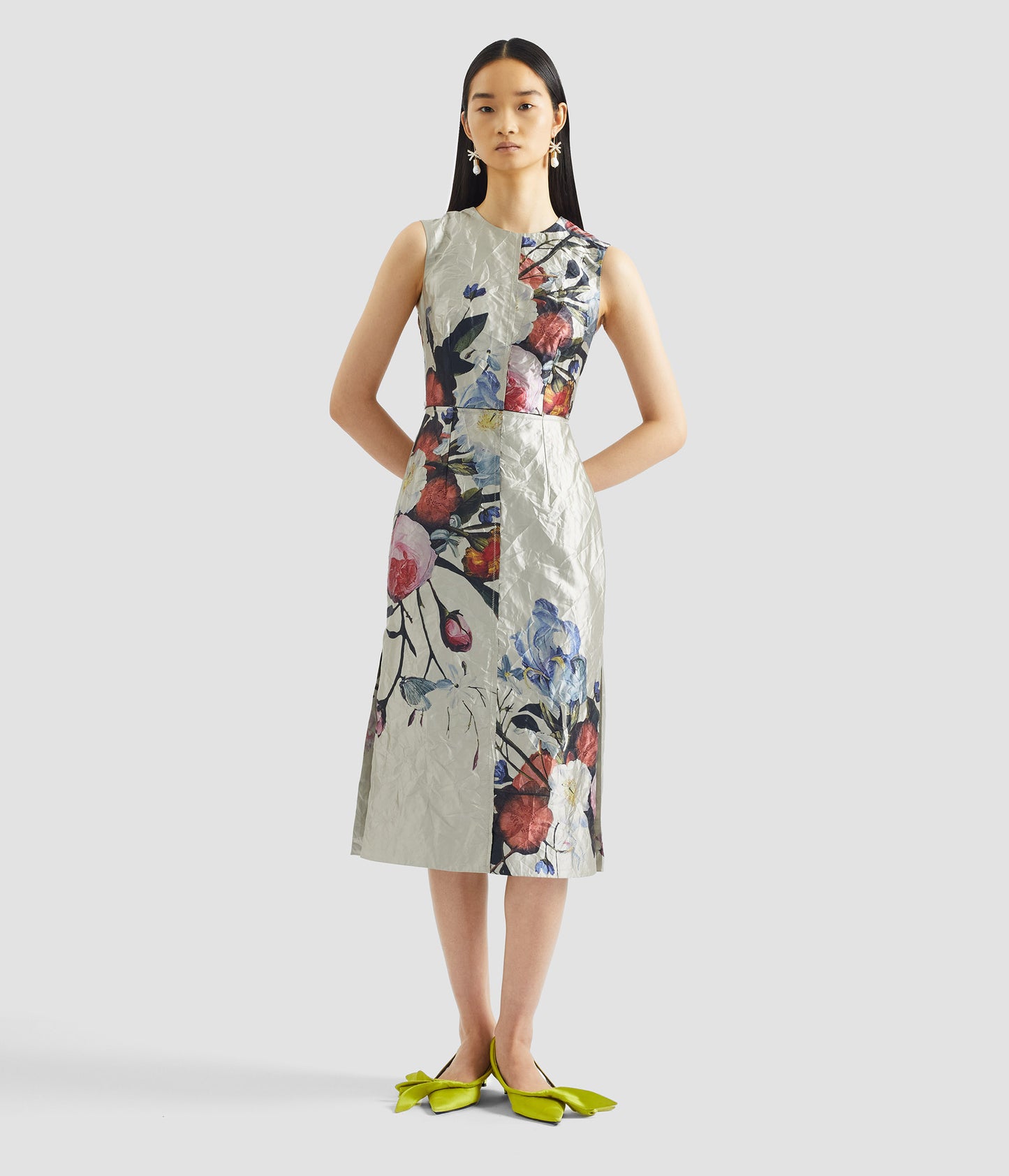 Floral Print Textured Satin Sleeveless Midi Dress