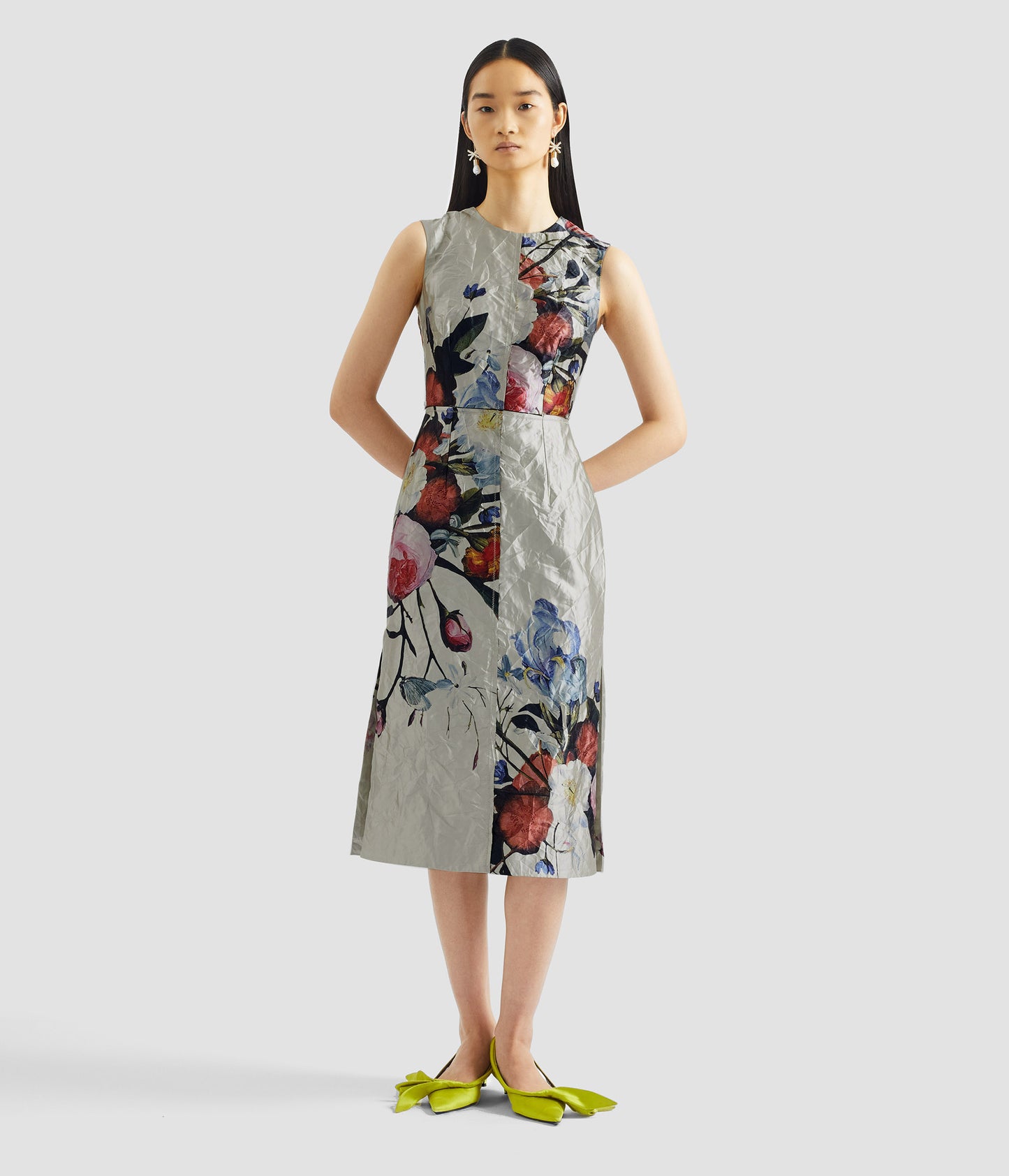Floral Print Textured Satin Sleeveless Midi Dress