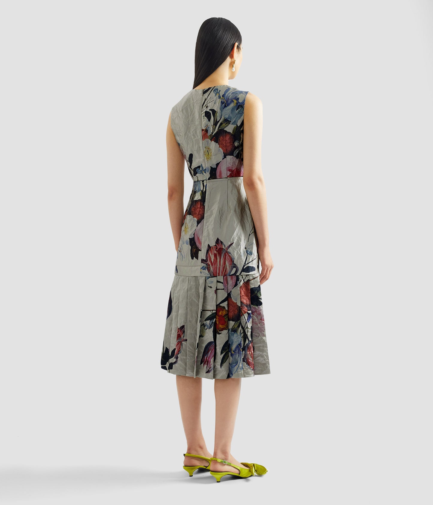 Floral Print Textured Satin Sleeveless Midi Dress