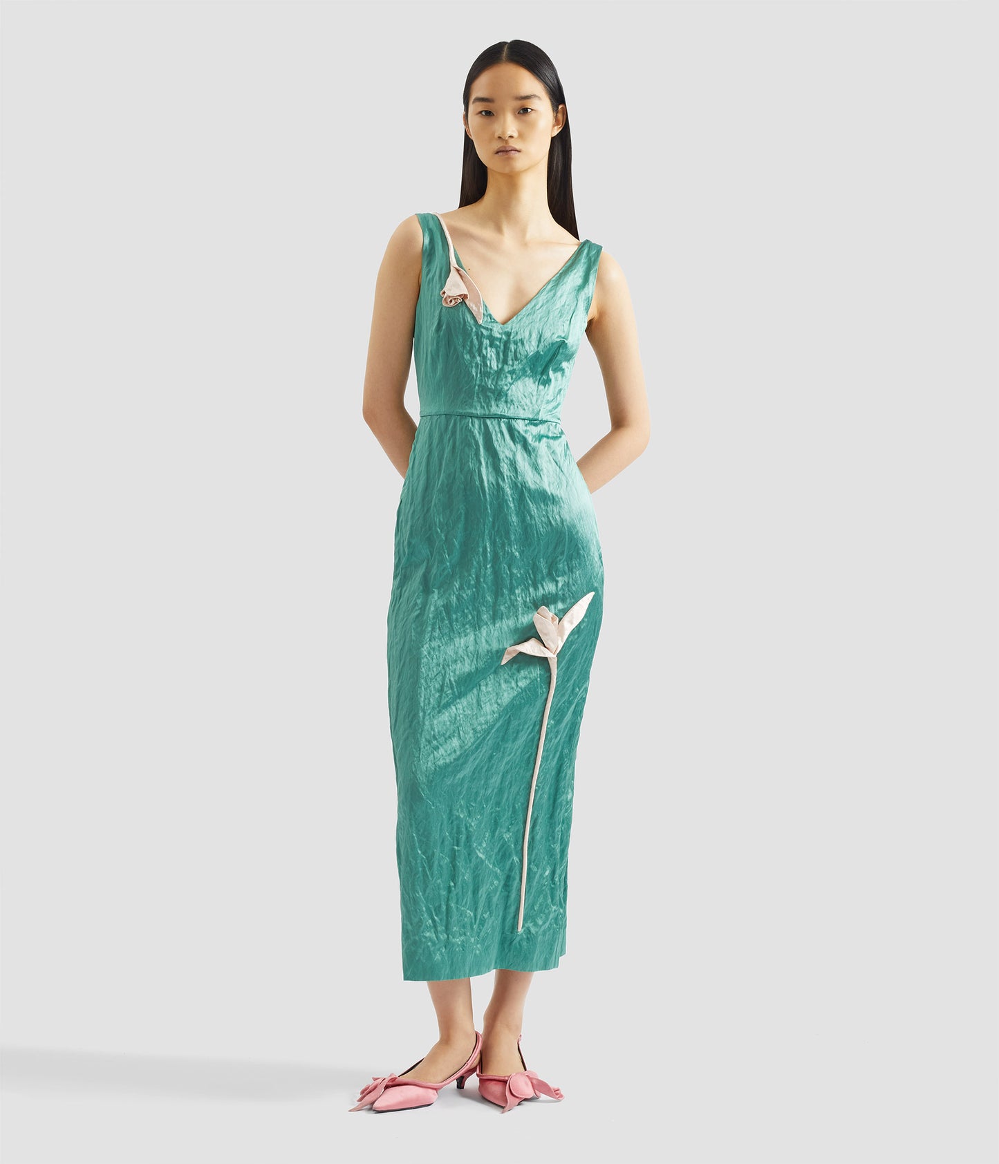 Embroidered Textured Satin Sleeveless Midi Dress