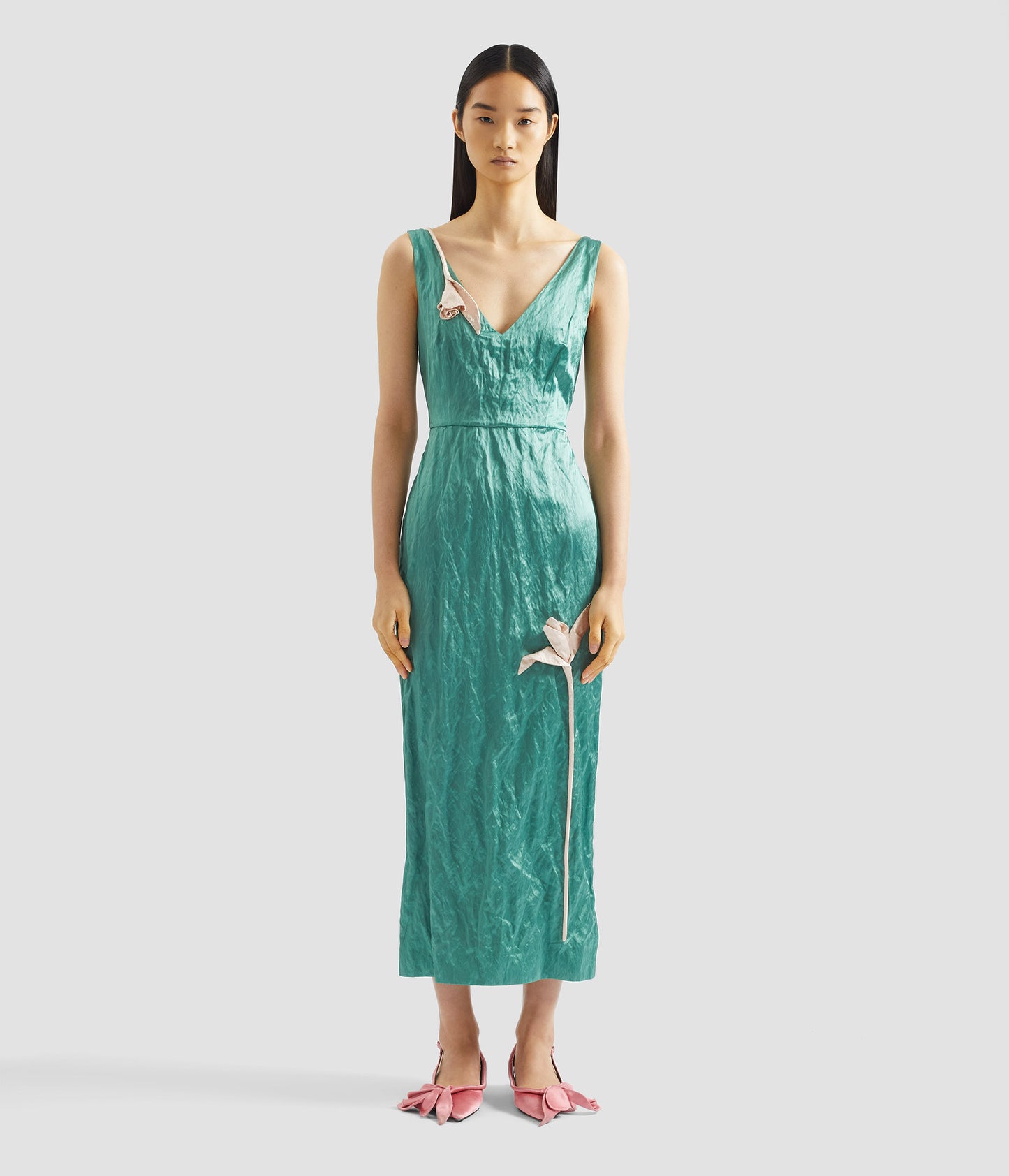 Embroidered Textured Satin Sleeveless Midi Dress