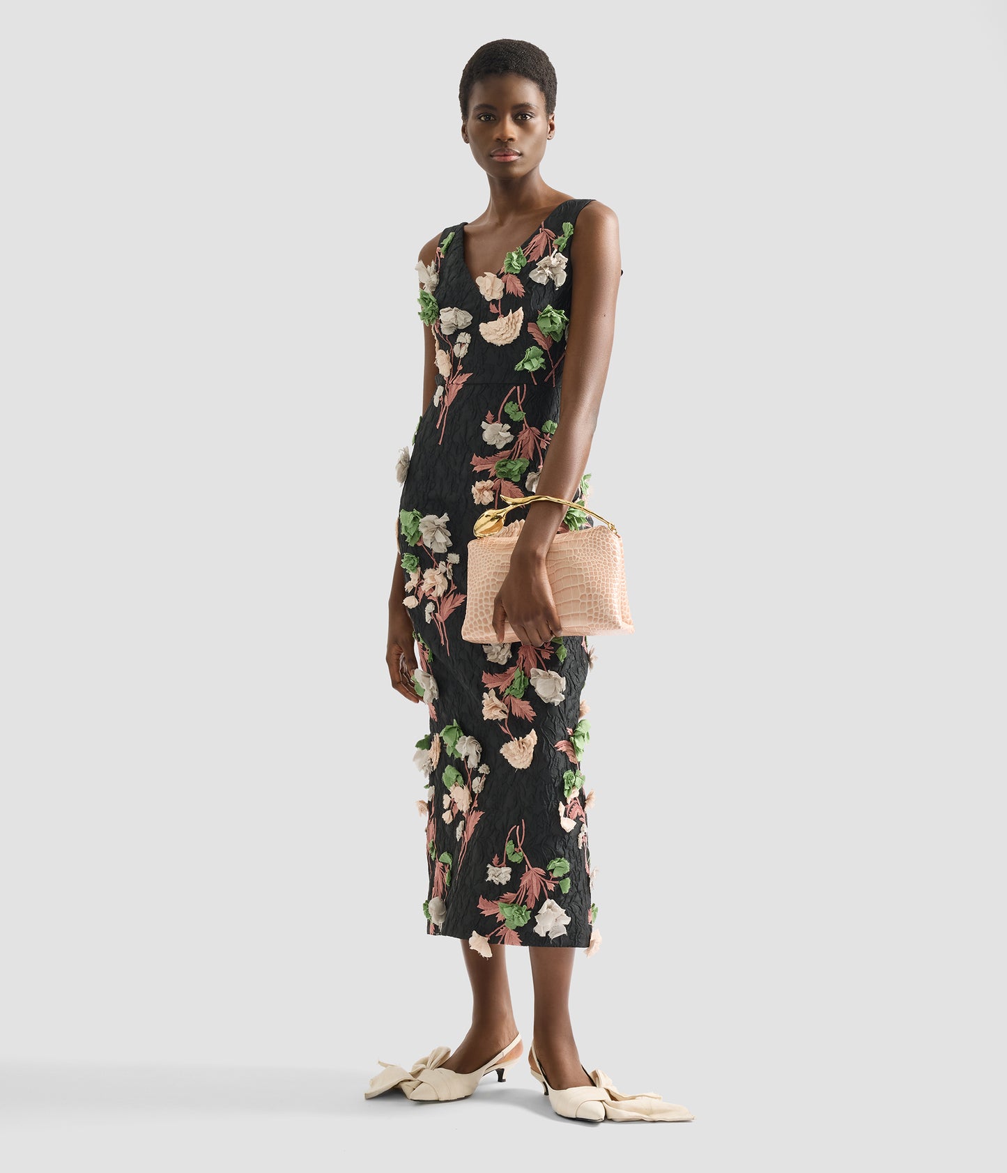 Floral Embroidered Cloque Sleeveless Midi Dress