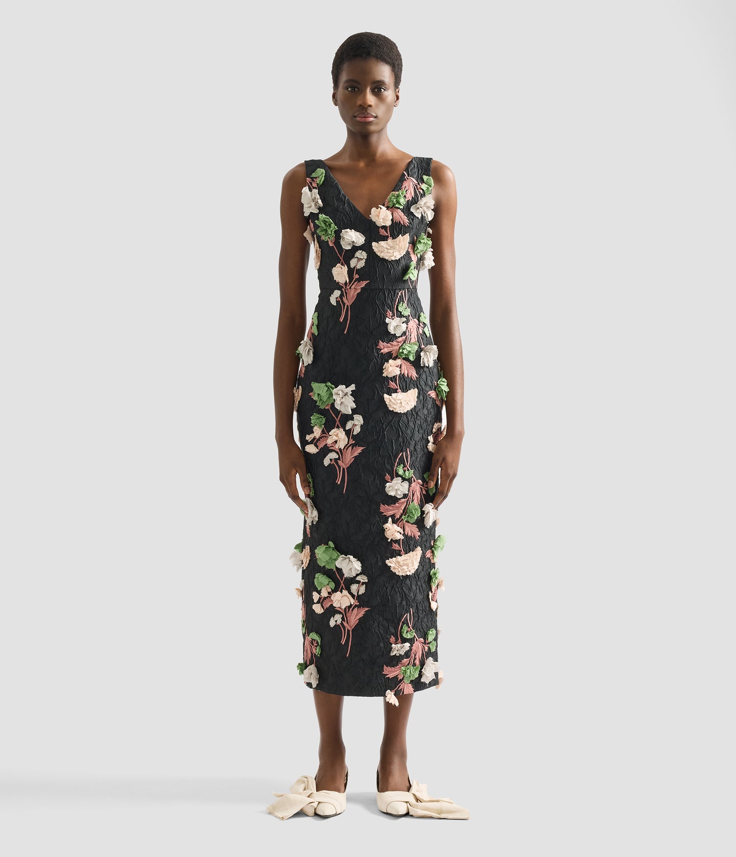 Floral Embroidered Cloque Sleeveless Midi Dress