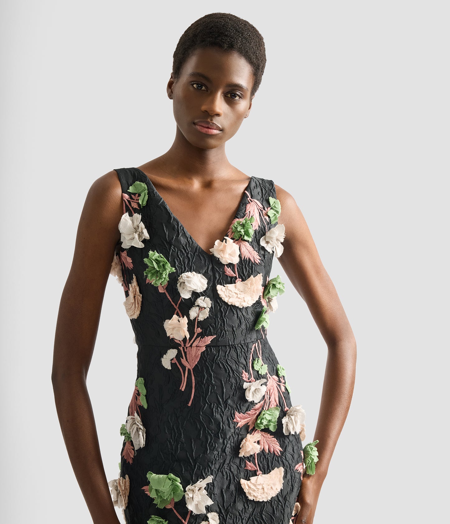 Floral Embroidered Cloque Sleeveless Midi Dress