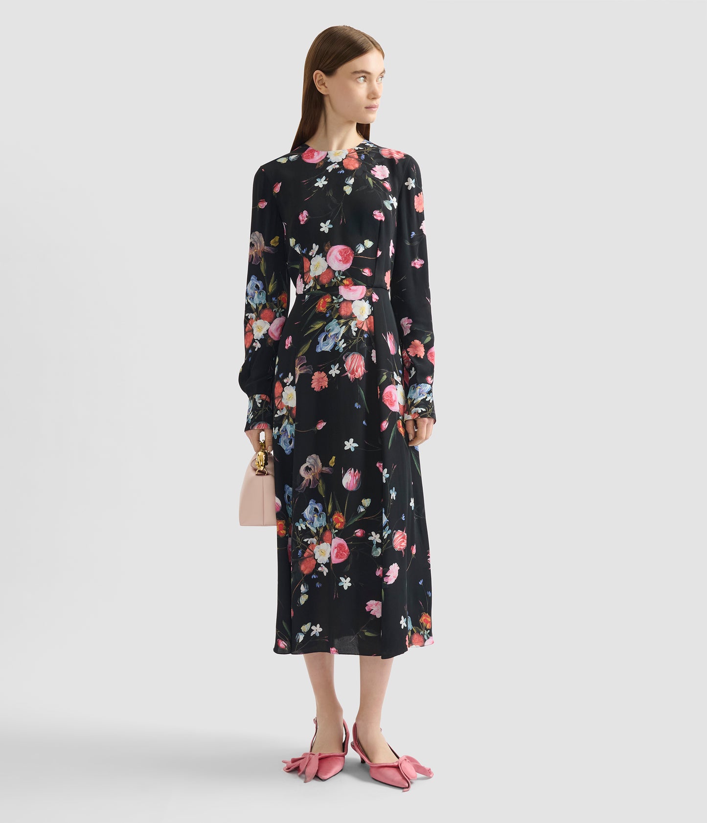 Floral Print Crepe Long Sleeve Midi Dress