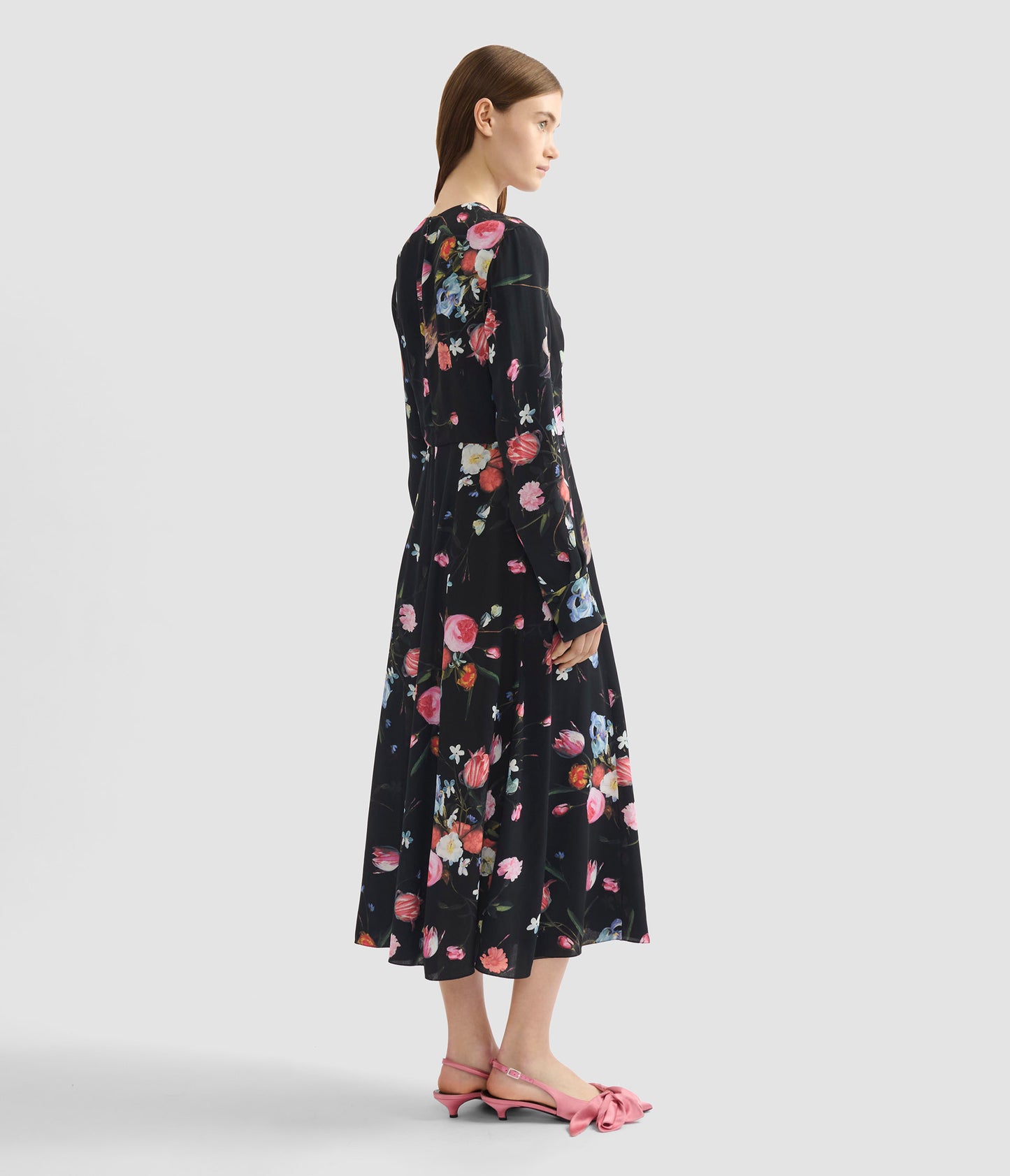 Floral Print Crepe Long Sleeve Midi Dress
