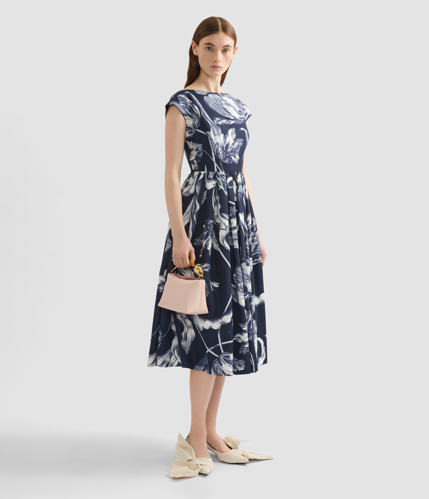 Floral Print Cotton Faille Sleeveless Midi Dress