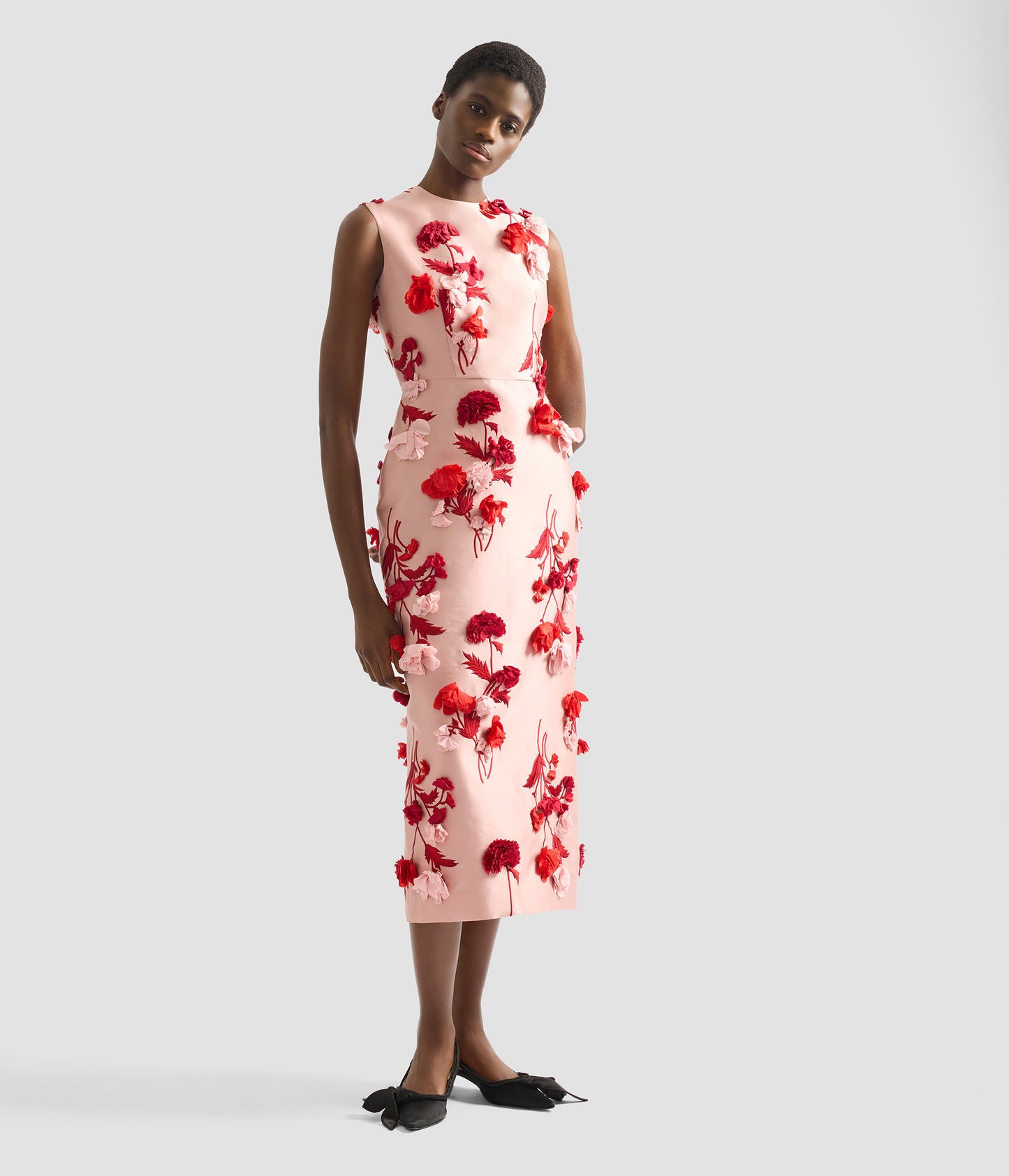 Floral Embroidered Mikado Sleeveless Midi Dress