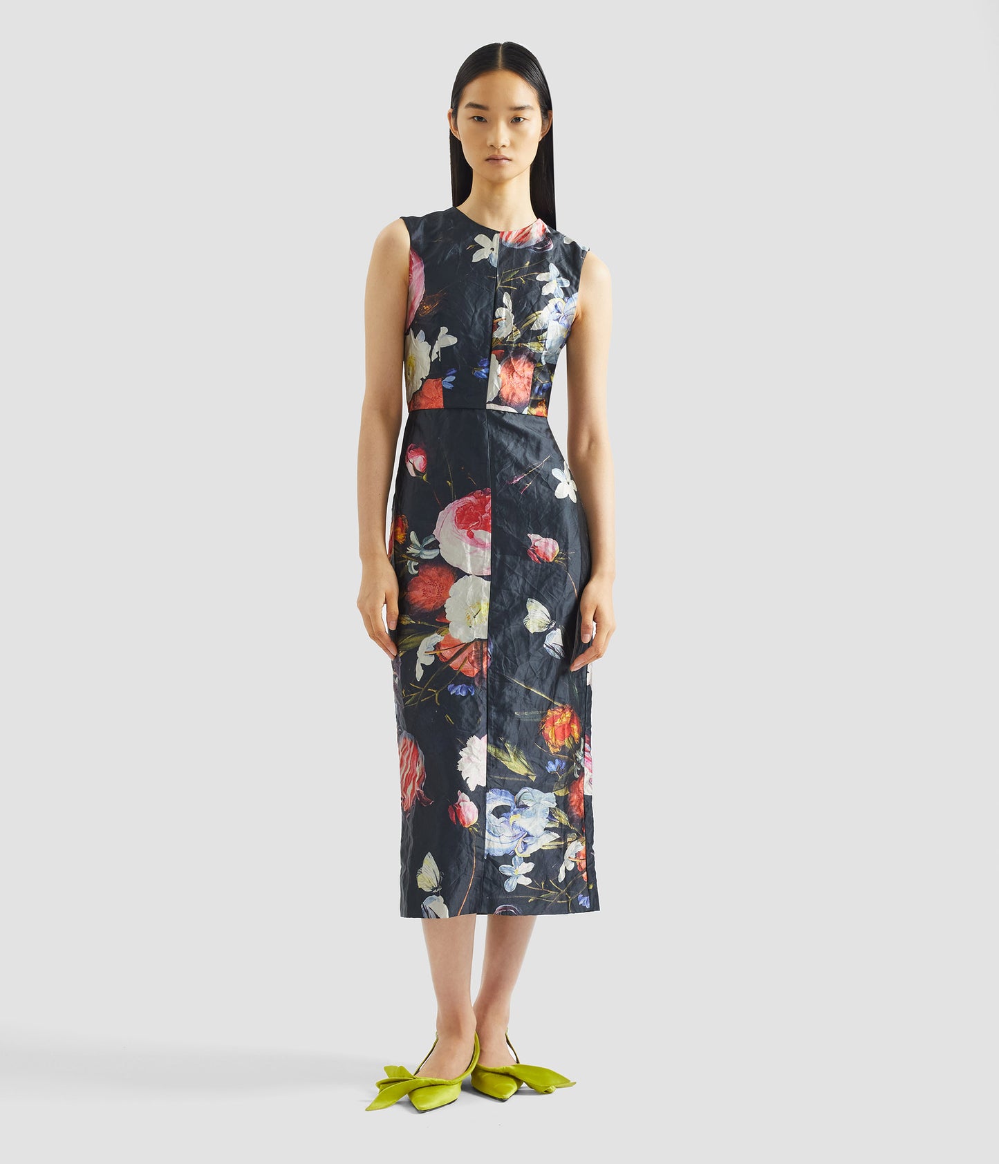 Floral Print Textured Satin Sleeveless Midi Dress