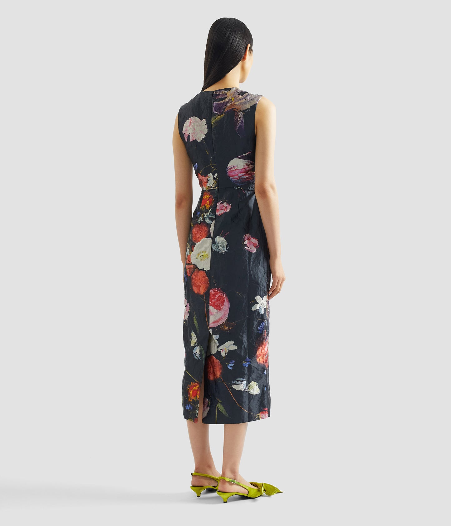 Floral Print Textured Satin Sleeveless Midi Dress