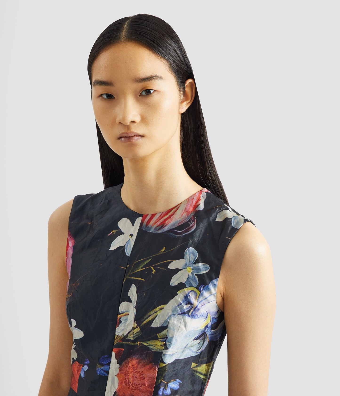 Floral Print Textured Satin Sleeveless Midi Dress