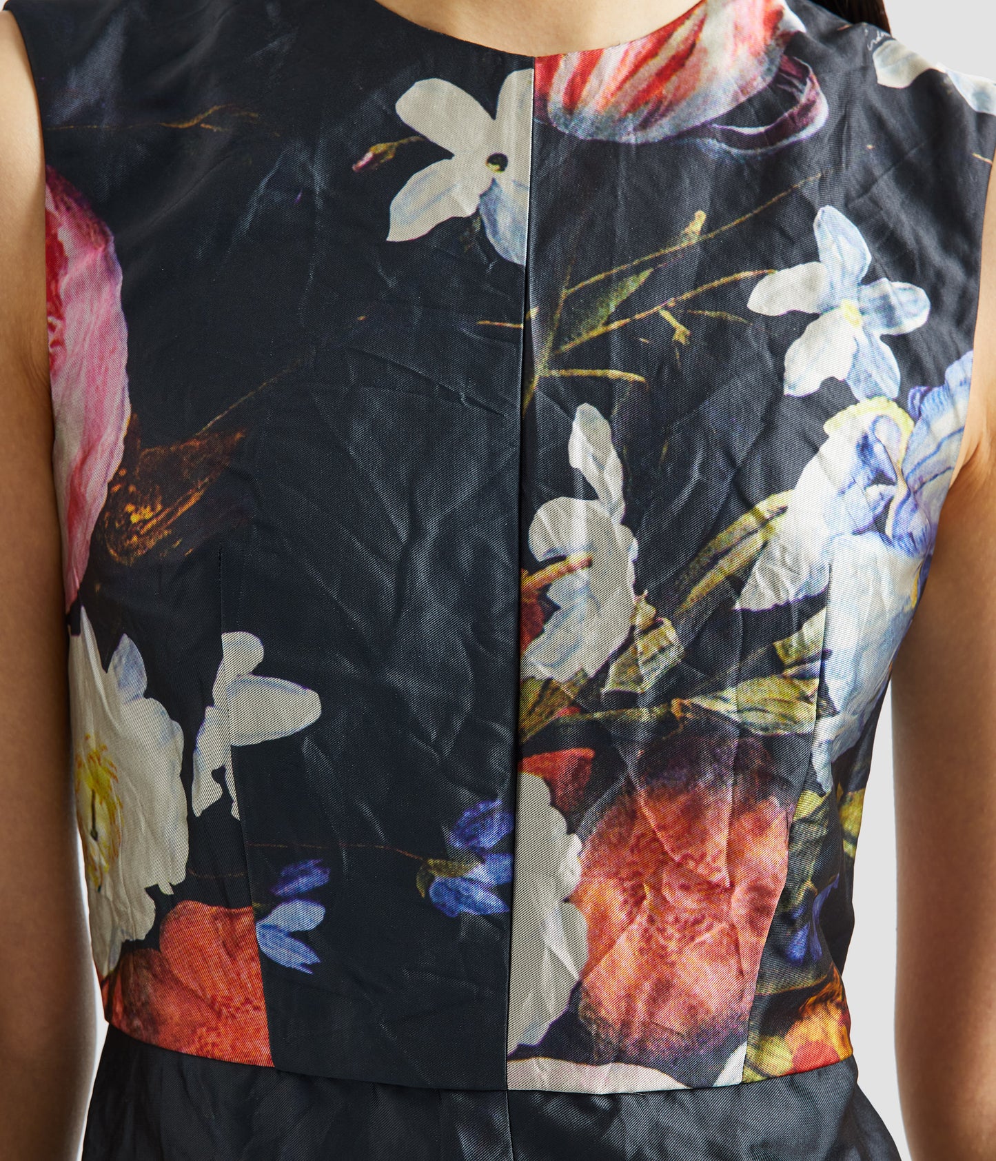 Floral Print Textured Satin Sleeveless Midi Dress