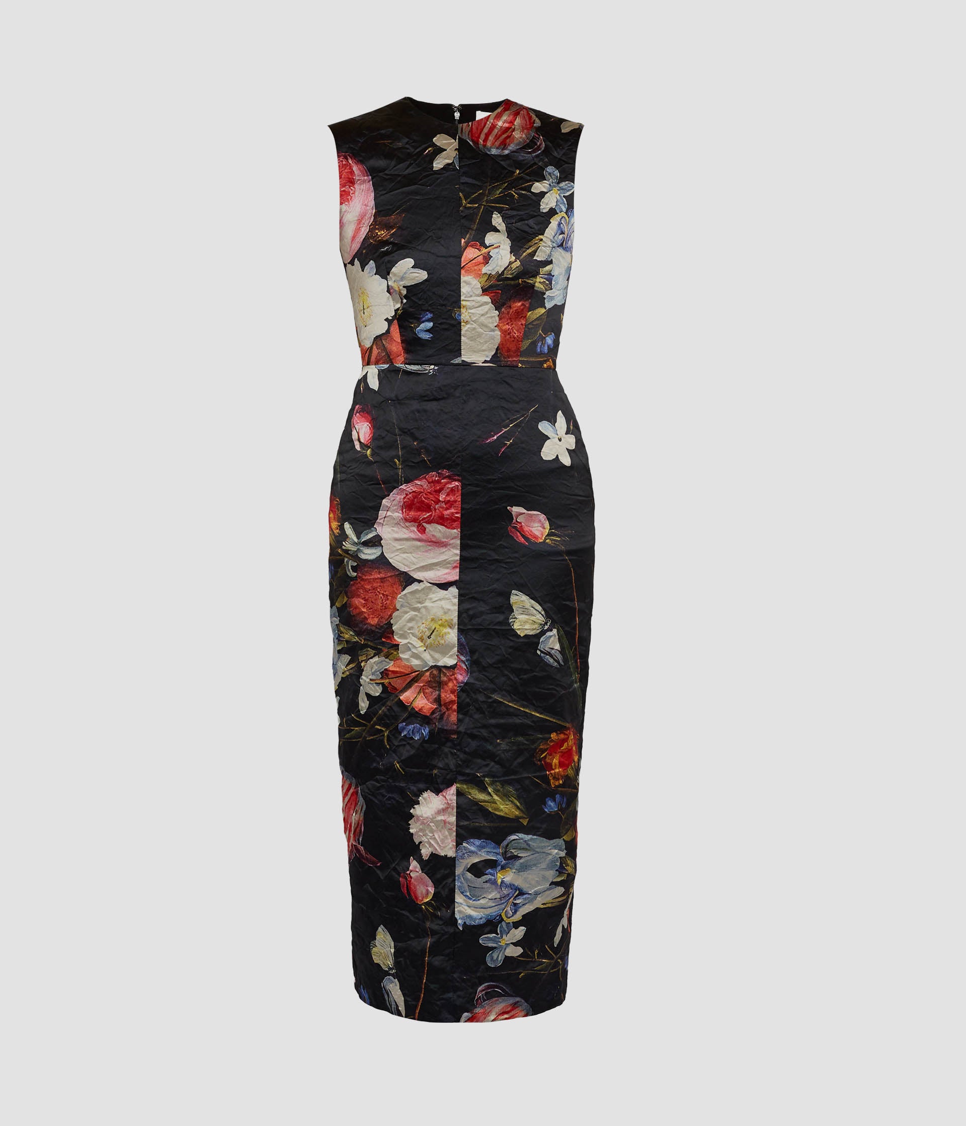 Floral Print Textured Satin Sleeveless Midi Dress