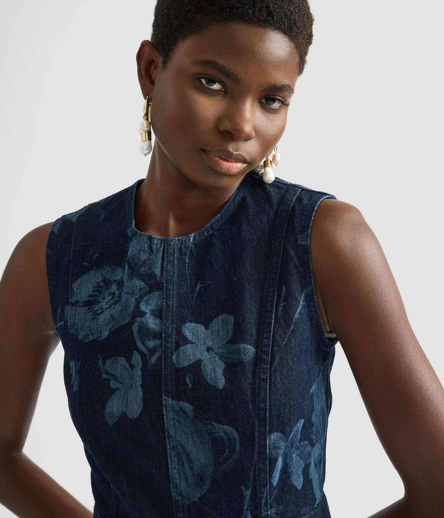 Printed Denim Sleeveless Midi Dress