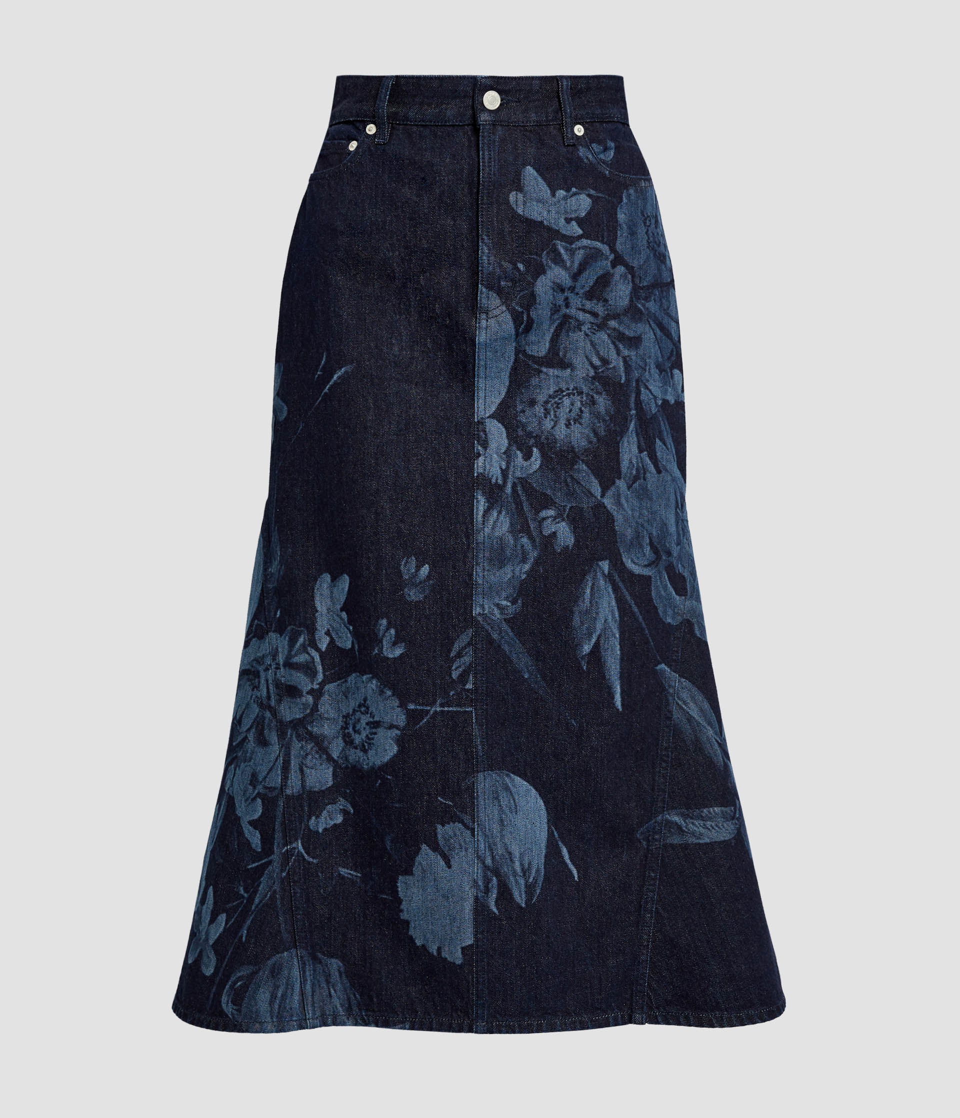 Printed Denim Flared Midi Skirt