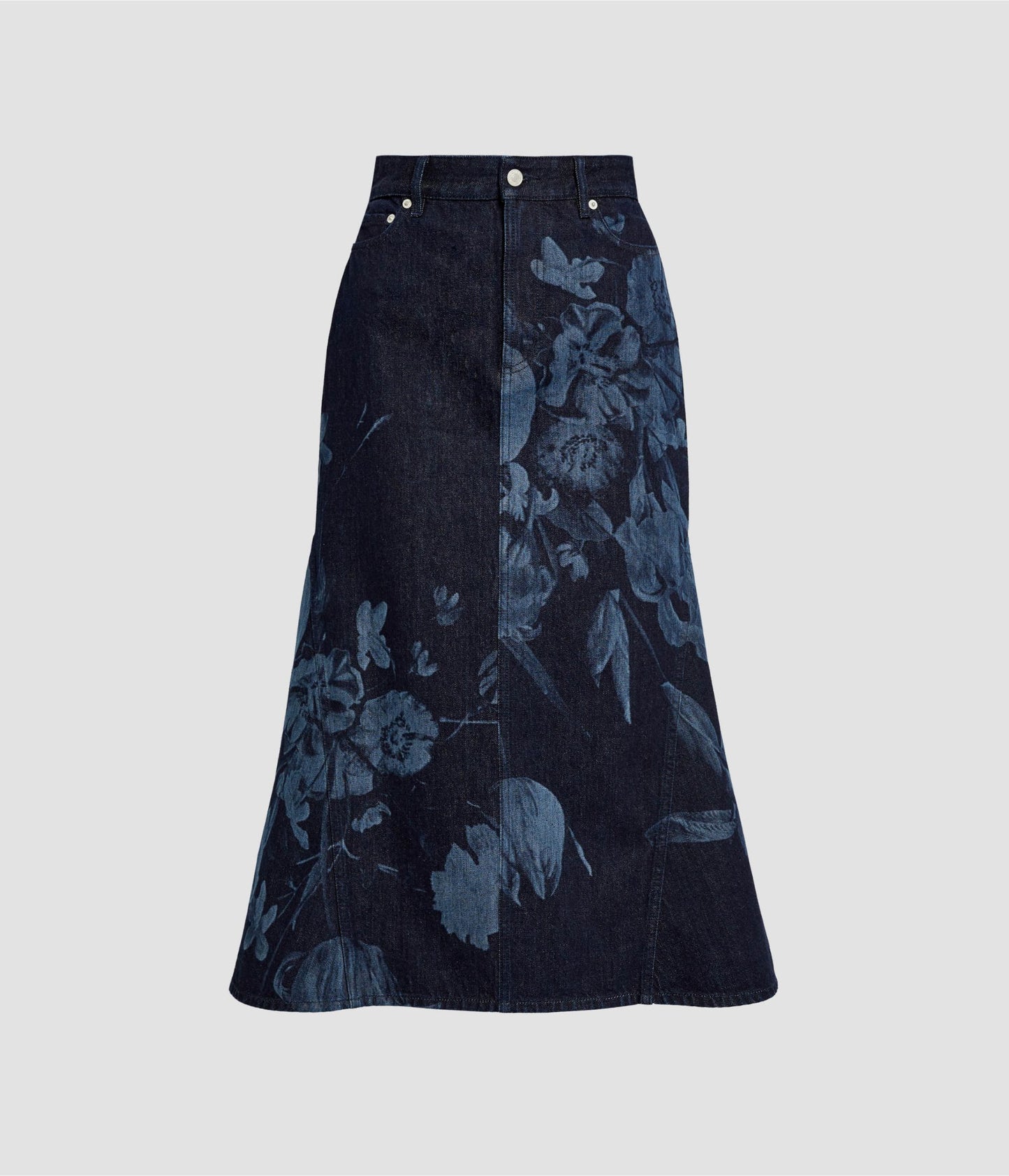 Printed Denim Flared Midi Skirt