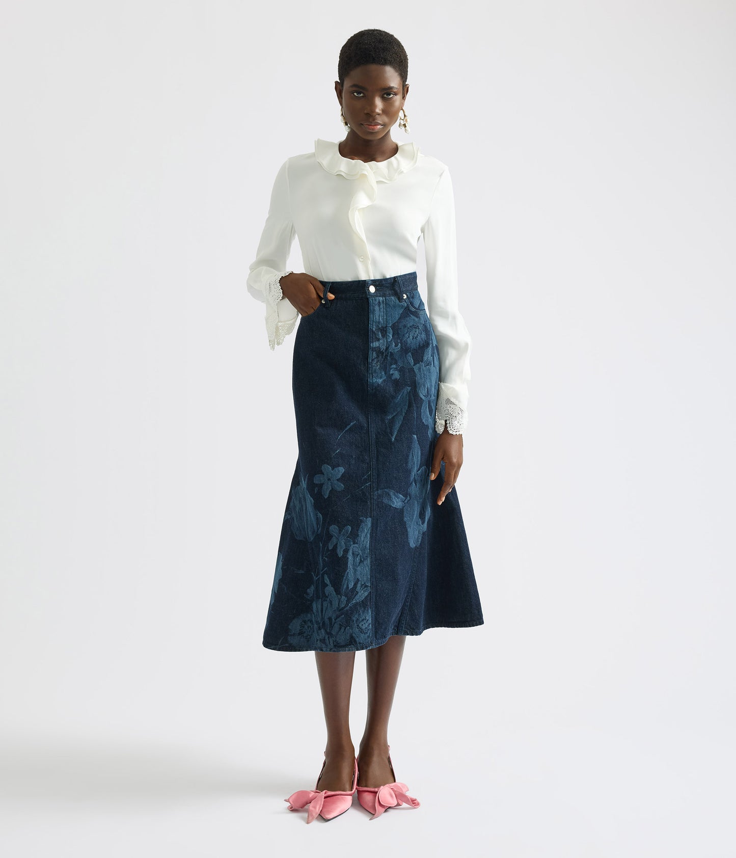 Printed Denim Flared Midi Skirt